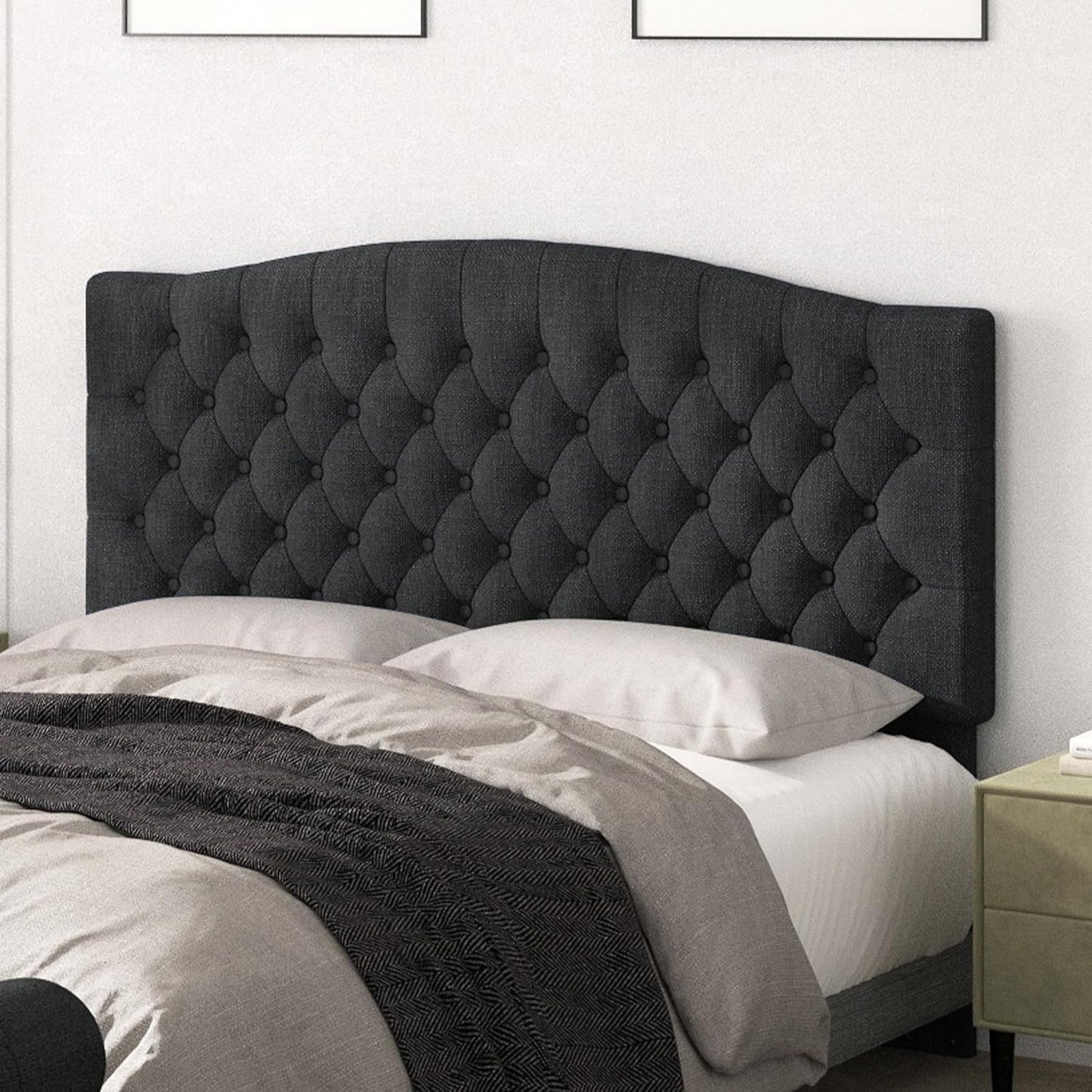 Upholstered Queen Headboard with Solid Wood Legs in Dark Gray