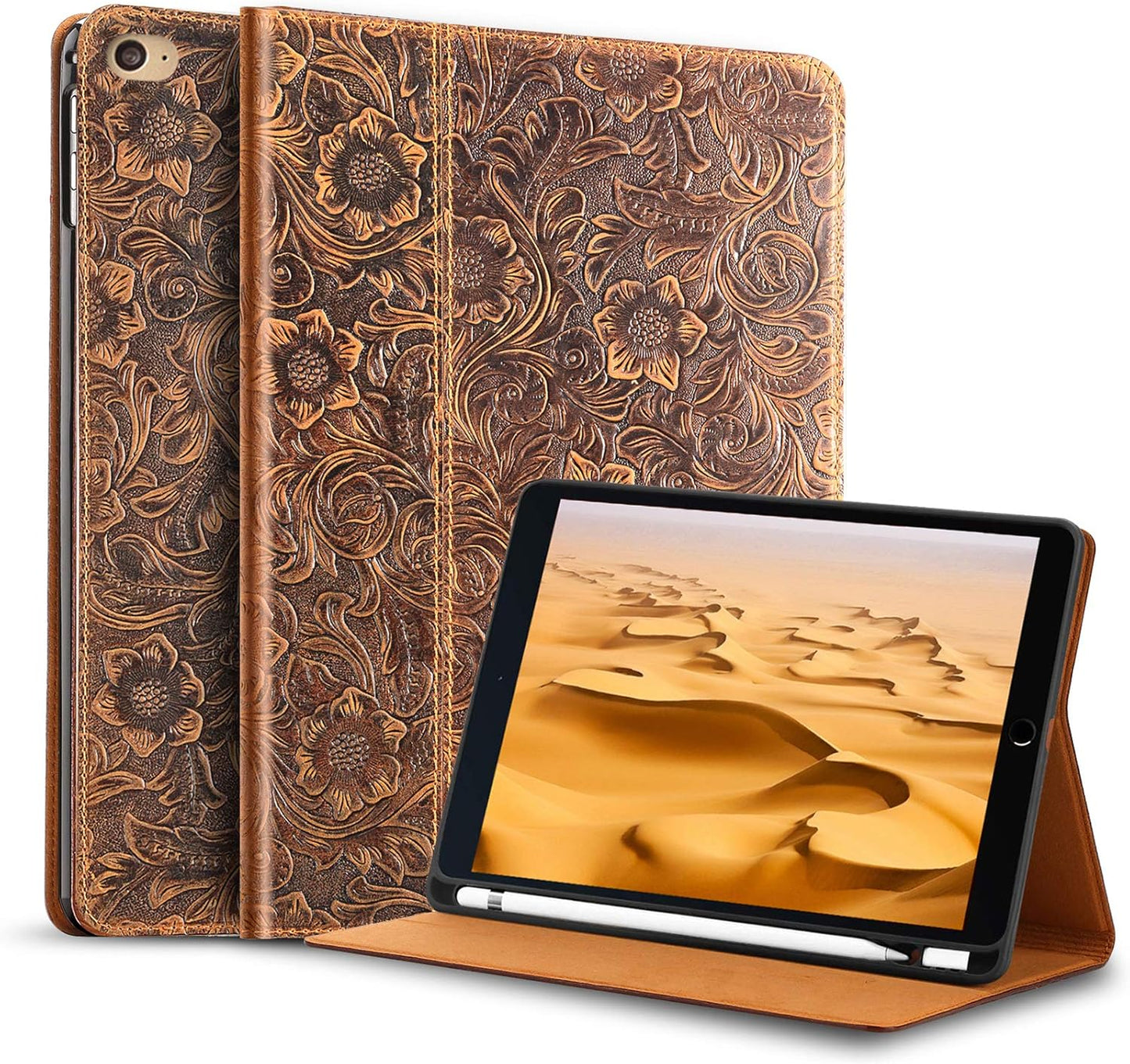 Genuine Leather iPad Mini 4/5 Case with Pencil Holder - Brown