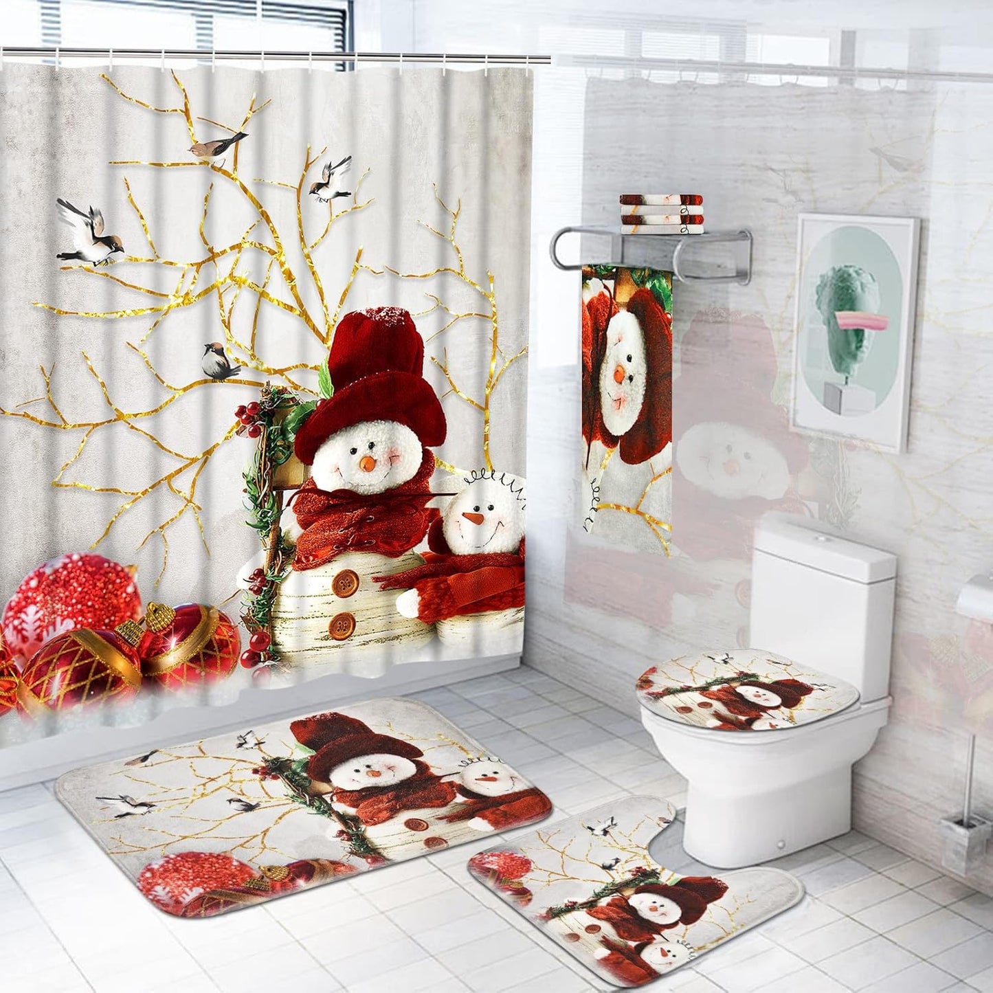 Xmas Snowman 7 Pc Bathroom Set w/ Non-Slip Rugs & Towels