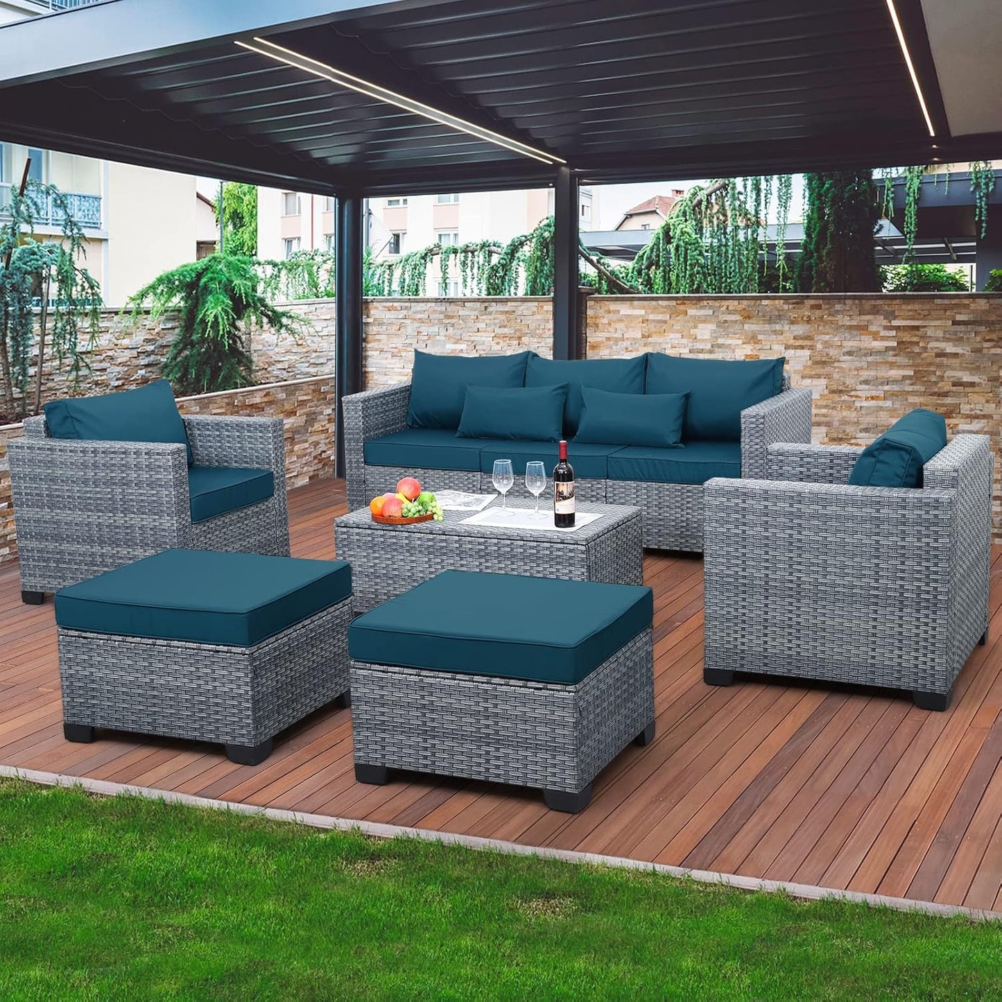 6 Pieces Wicker Patio Furniture Set with Storage Table and Cushions
