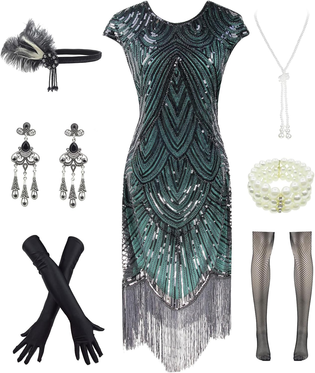 Vintage Lace Fringed Gatsby 1920s Cocktail Dress with Accessories
