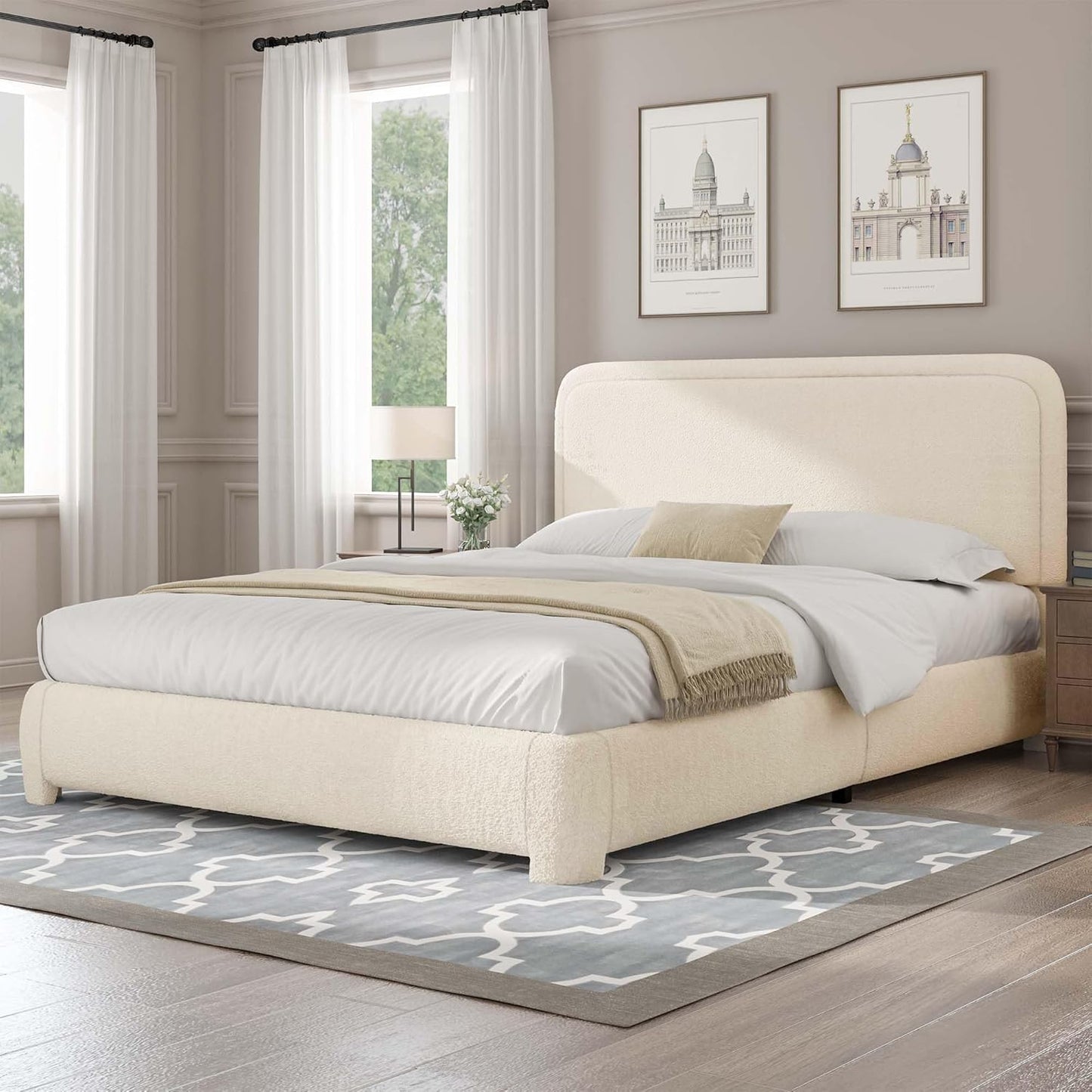 Queen Bed Frame with Headboard, Soft Boucle Upholstered Design