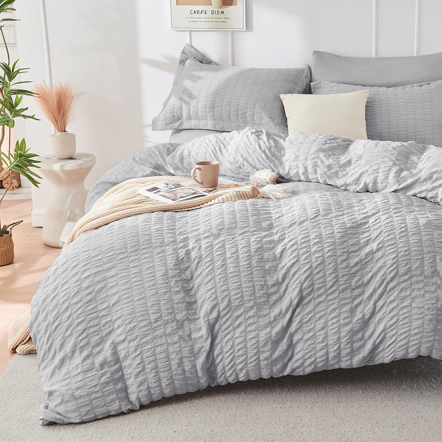 HYMOKEGE Light Grey Duvet Cover Set for Queen Size Bedding