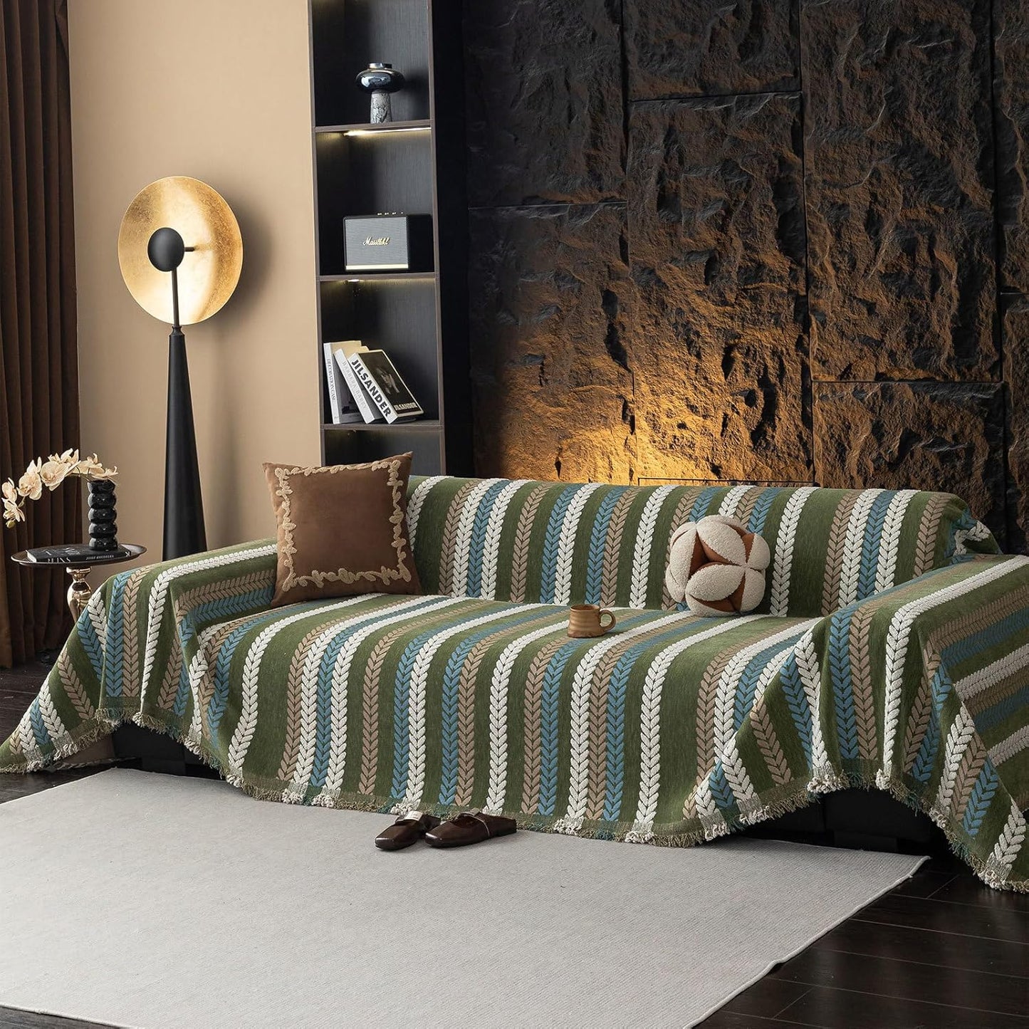 Thick Jacquard Green Couch Cover for 2 Cushion Sofa Protection