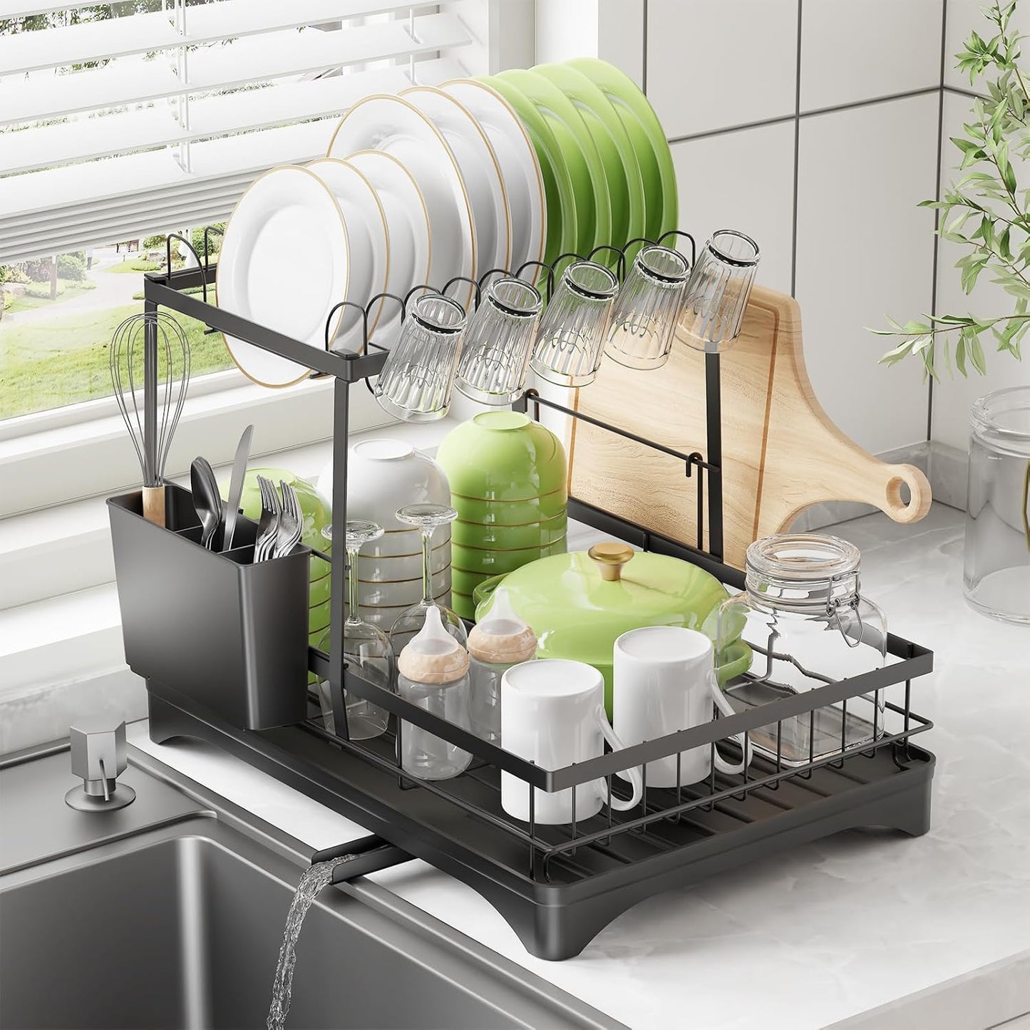 Dish Drying Rack for Kitchen with Utensil Holder and Drainboard