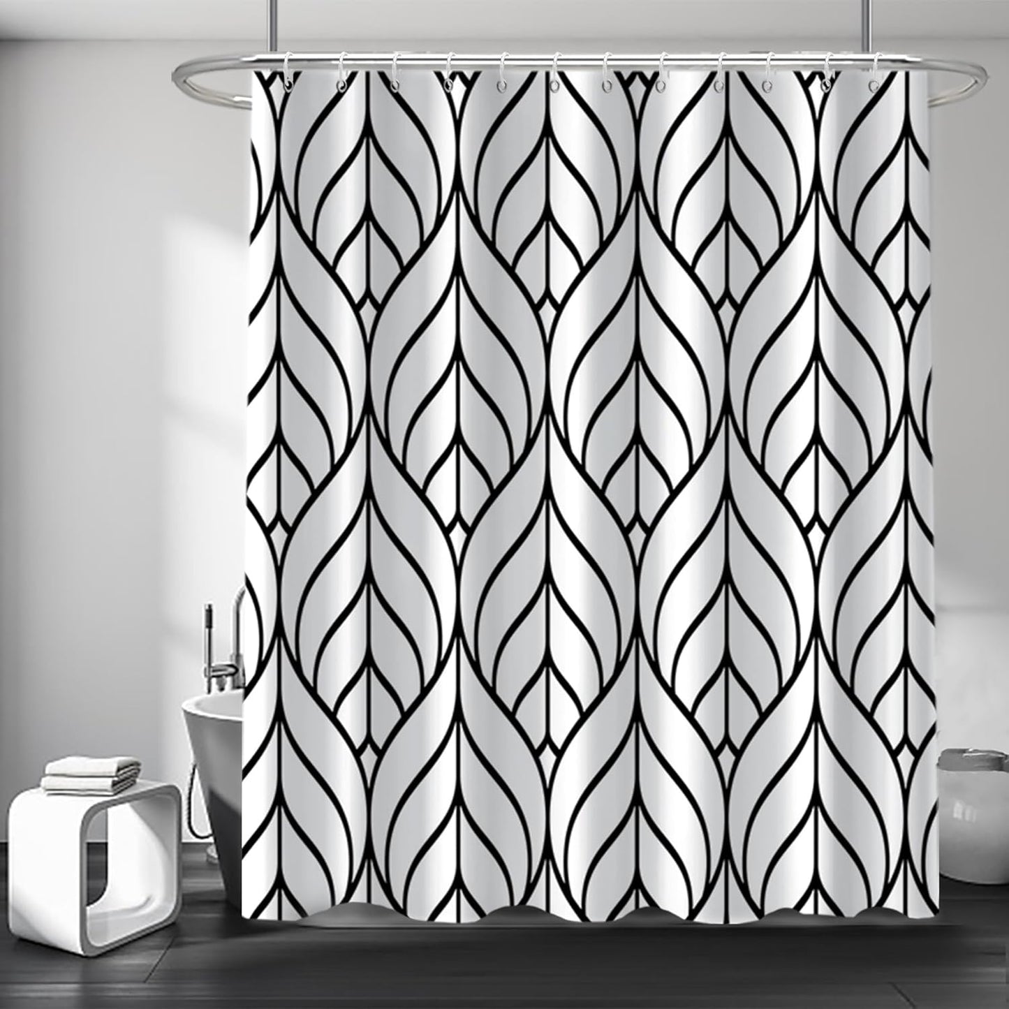 Modern Black Striped Shower Curtain Set - Waterproof Polyester 72x72 Inch