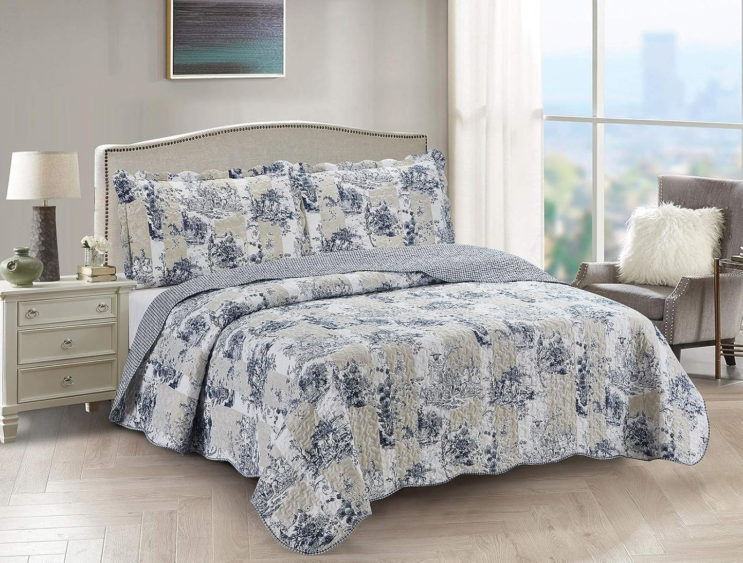 Brilliant Sunshine Blue Toile Quilt Set in Beige and Ivory Patches