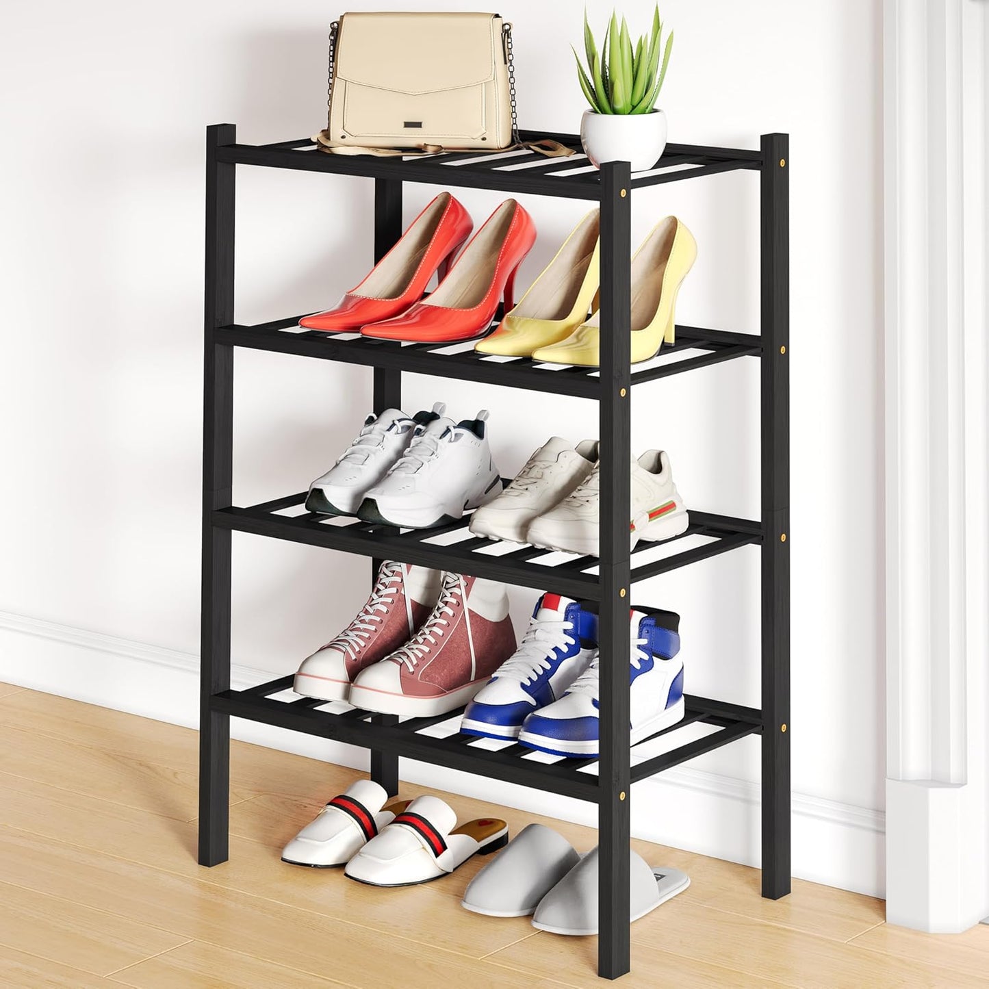 Smiry Shoe Rack - 4 Tier Bamboo Organizer for Entryway Storage