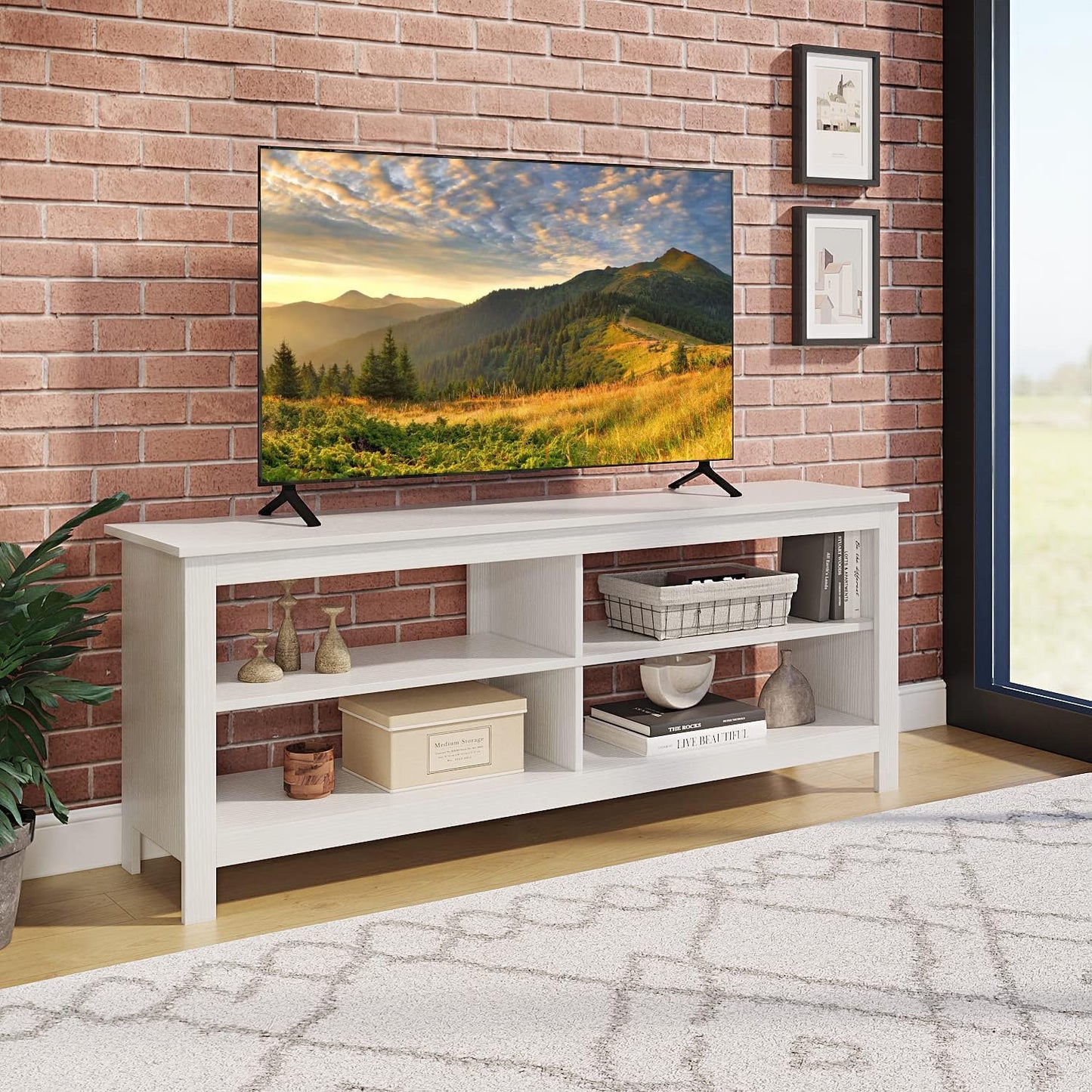 Modern Farmhouse TV Stand, 4 Cubby Storage, White