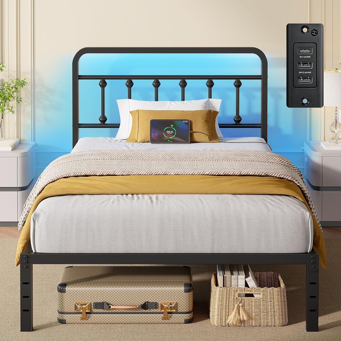 Rolanstar Twin Bed Frame with LED Lights and Charging Station