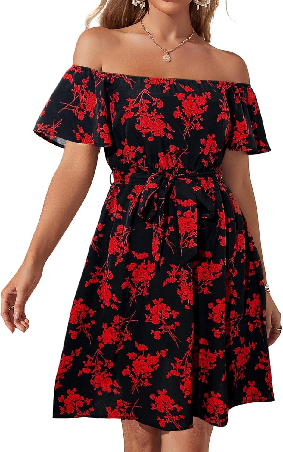 Womens Off Shoulder Ruffle Floral Summer Wedding Guest Dress