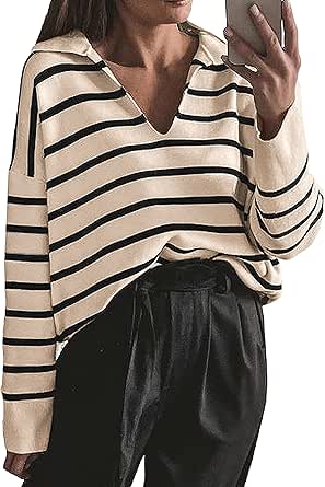 CFLONGE Women's Winter Casual Striped Long Sleeve Sweater