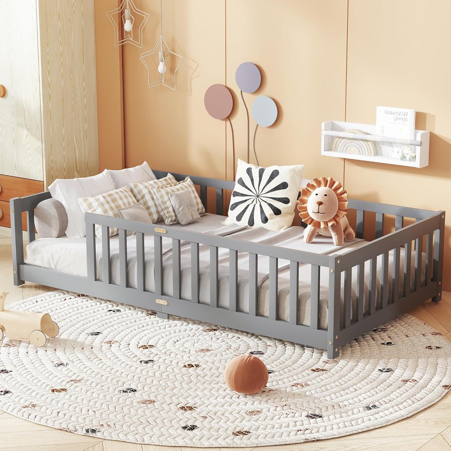 Bellemave Twin Floor Bed with Slats and Safety Guardrails for Kids