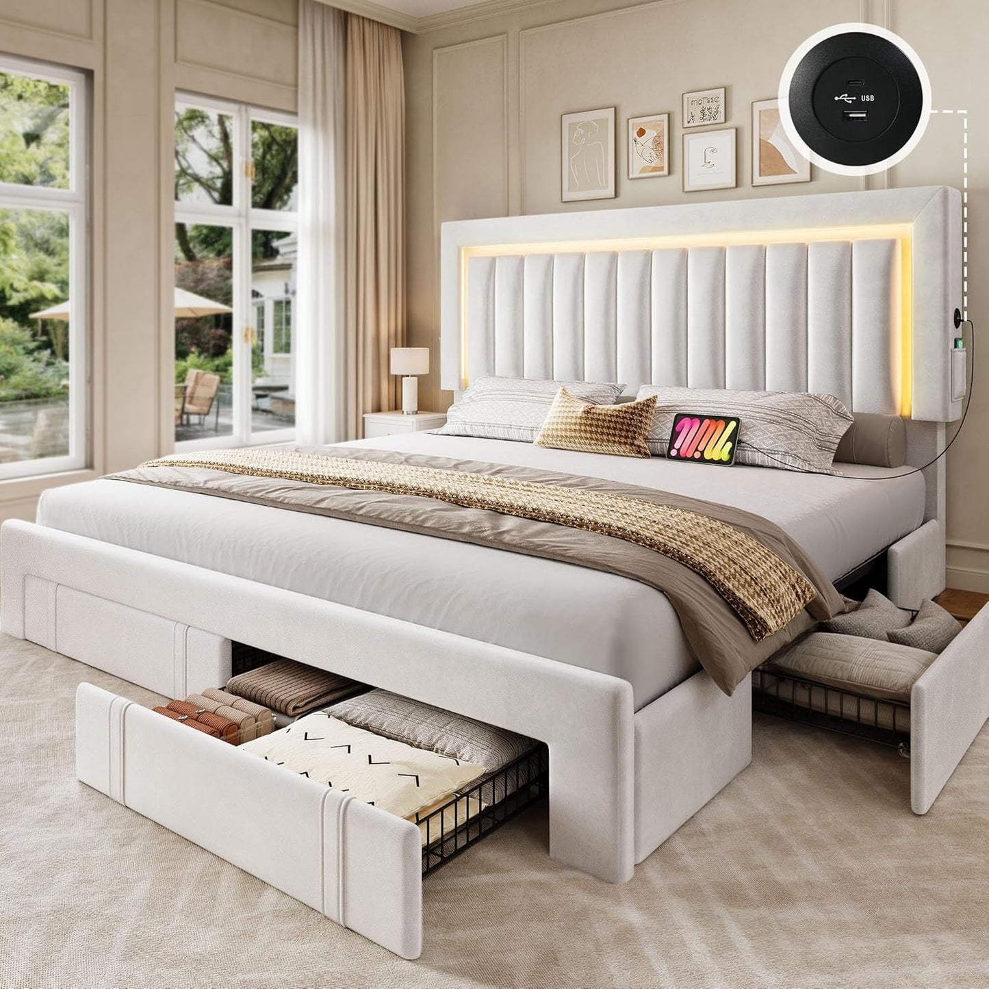 YITAHOME Queen Size Bed Frame with RGB LED Lights and USB Ports