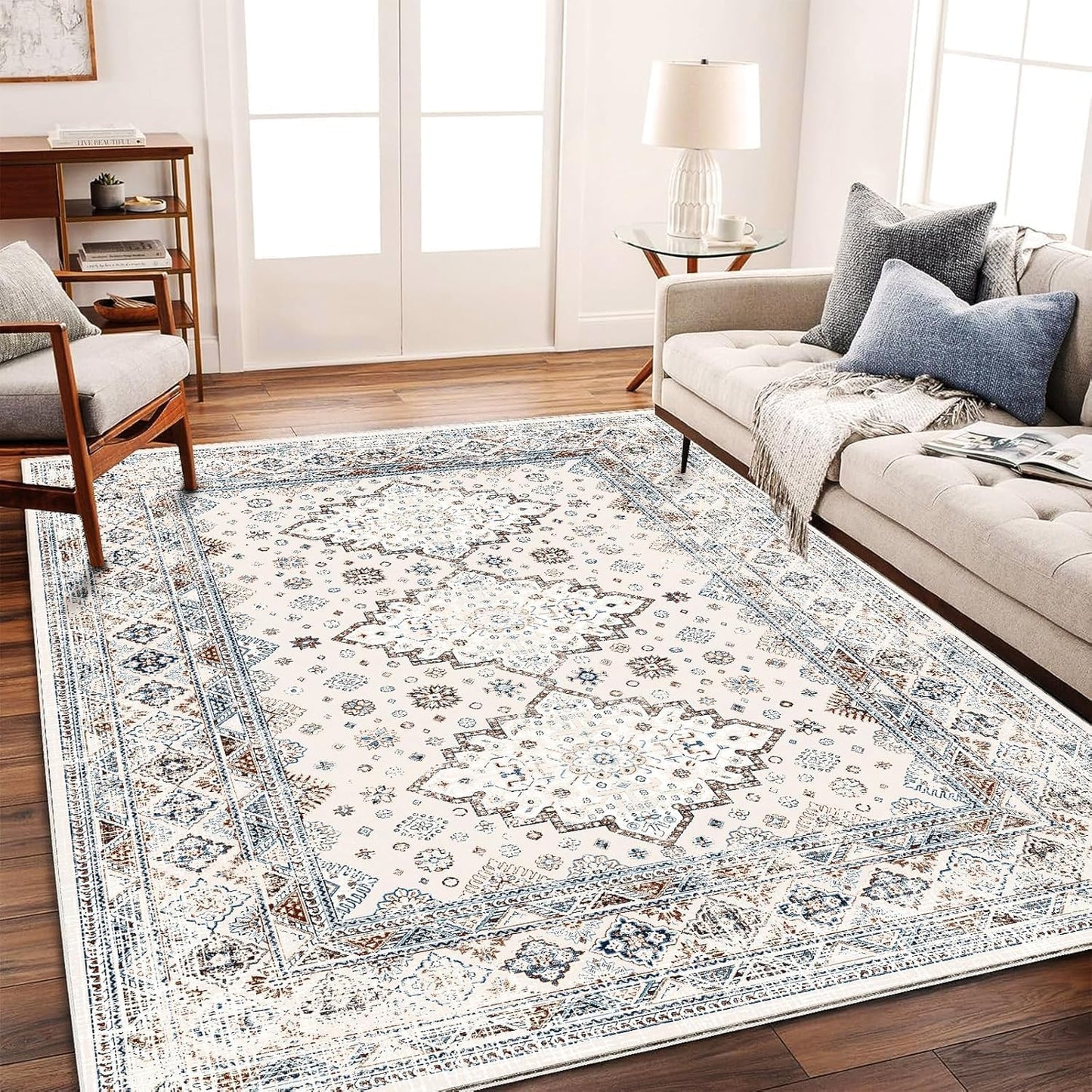 Washable Area Rug 9x12 Retro Flowers Boho Design for Home