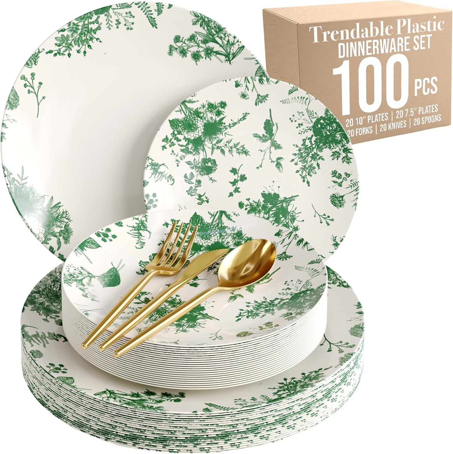 Fancy Plastic Dinnerware Sets for 20 Guests with Gold Cutlery