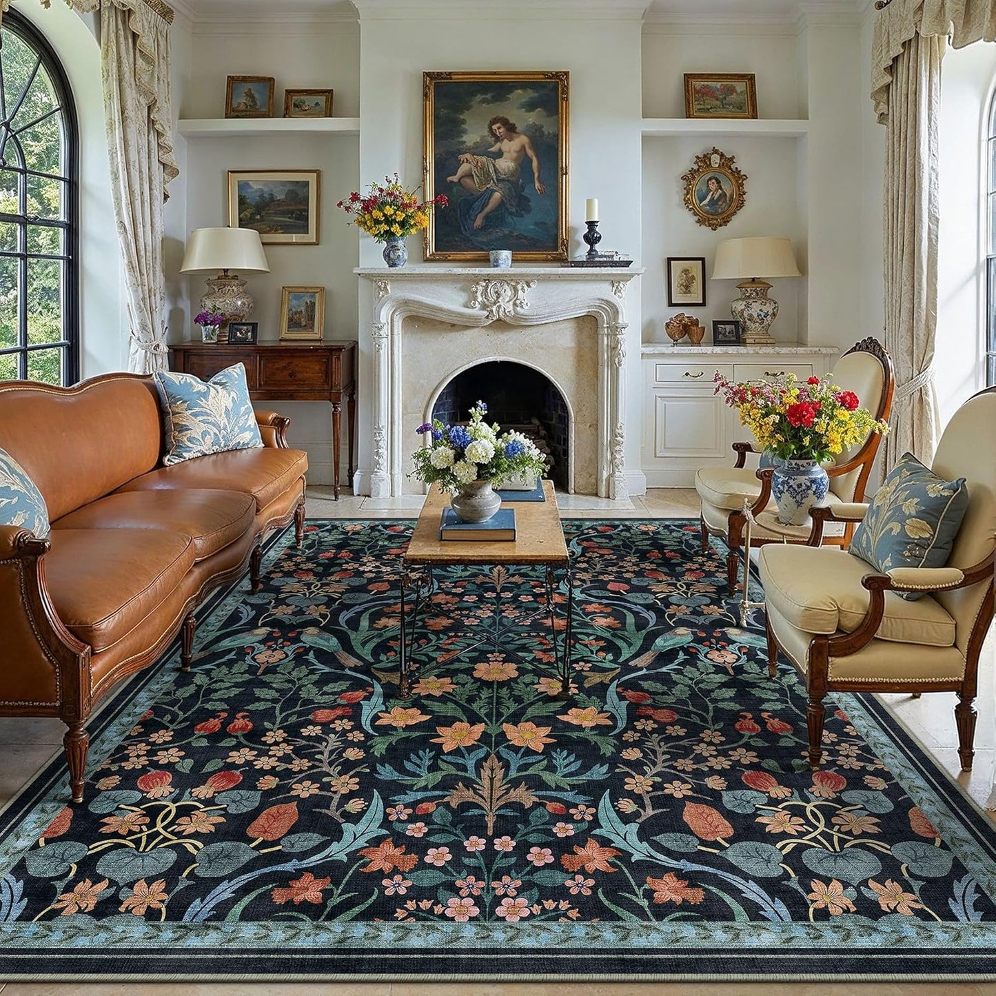 8x10 Washable Blue Floral Area Rug for Living Room and More