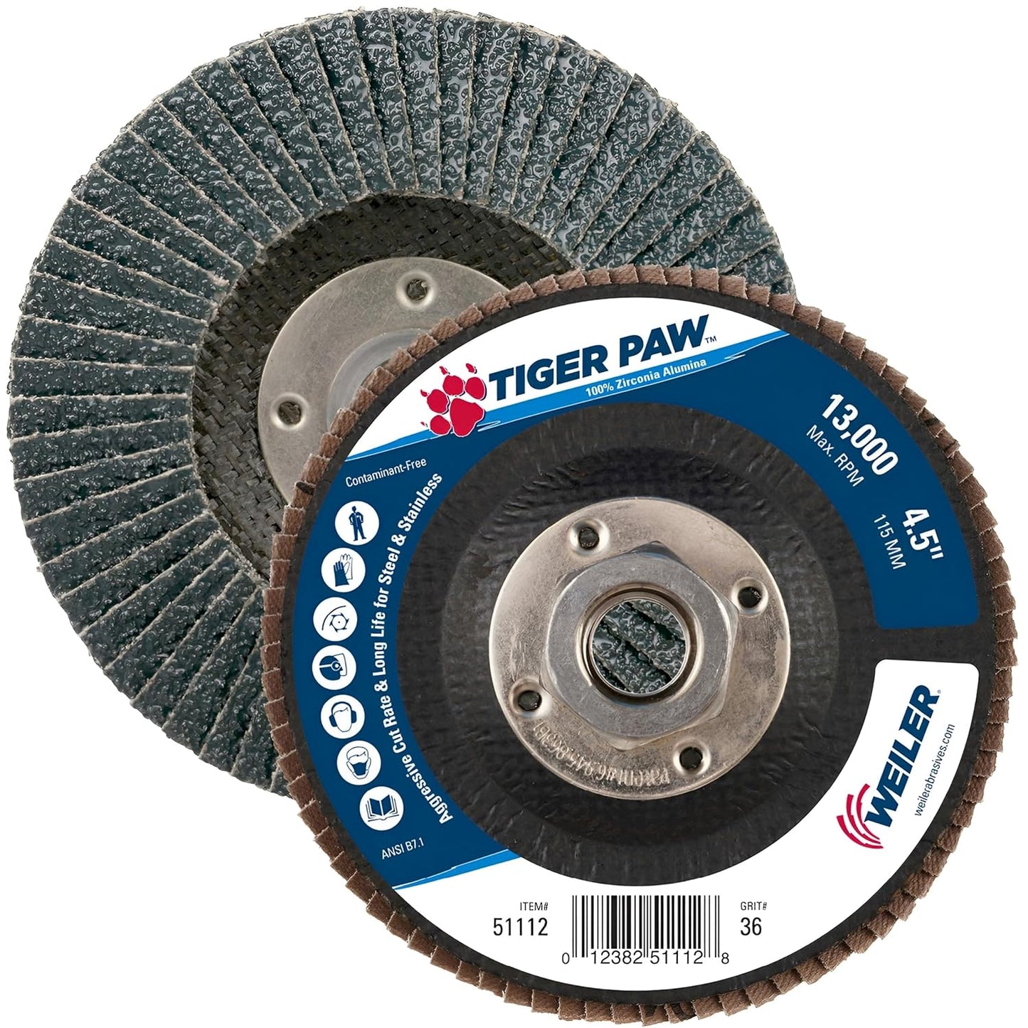 Weiler 51112 4-1/2 Tiger Paw Abrasive Flap Disc for Tough Jobs