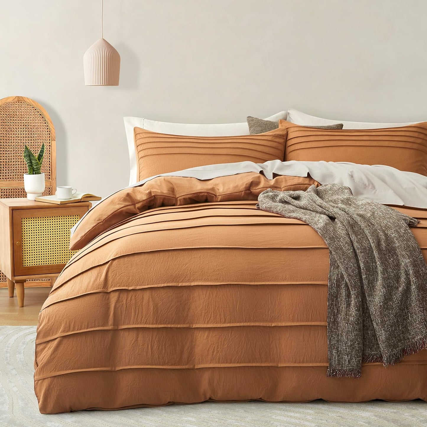 Pumpkin Brown Duvet Cover King Size - Pleated Bedding Set