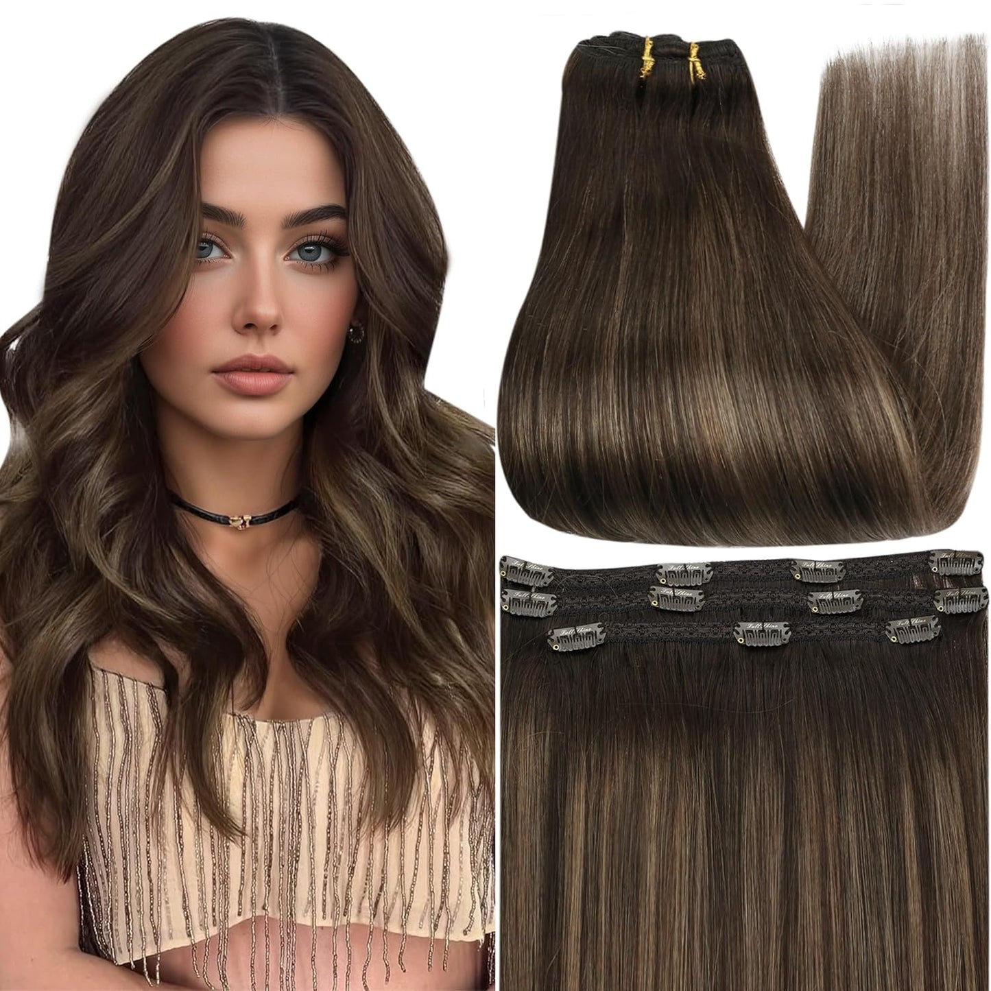 Full Shine 20 Inch Dark Brown Clip in Hair Extensions for Glam