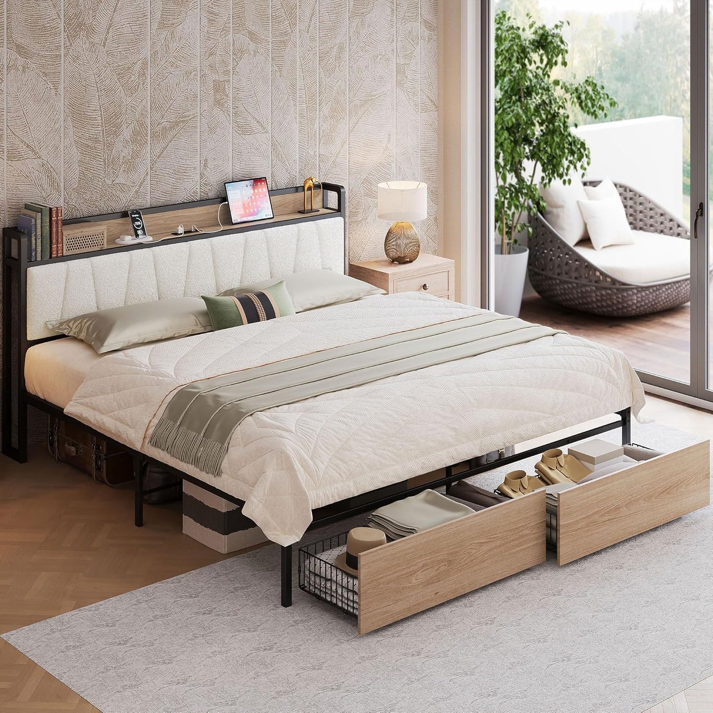 LIKIMIO California King Size Bed Frame with Storage Headboard