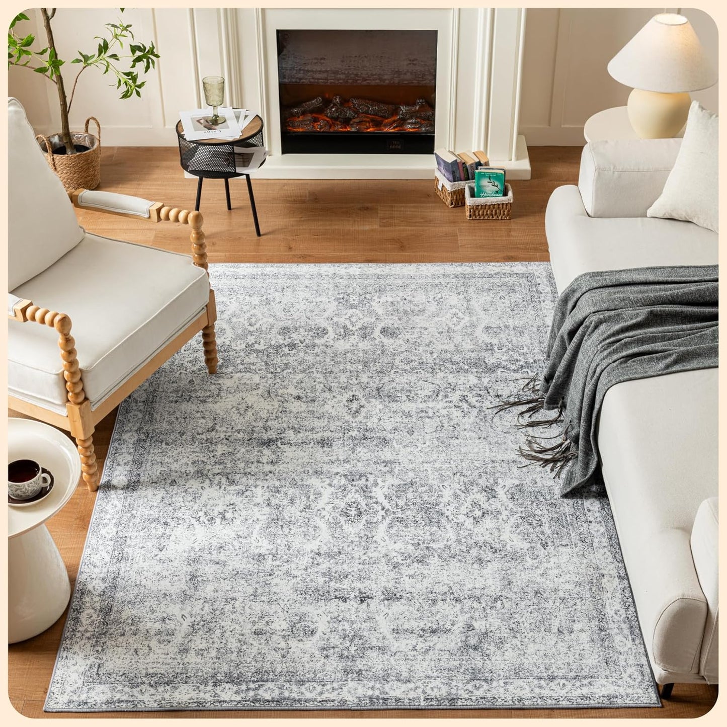 Istana 5x7 Area Rug - Light Grey Washable Rug for Living Room