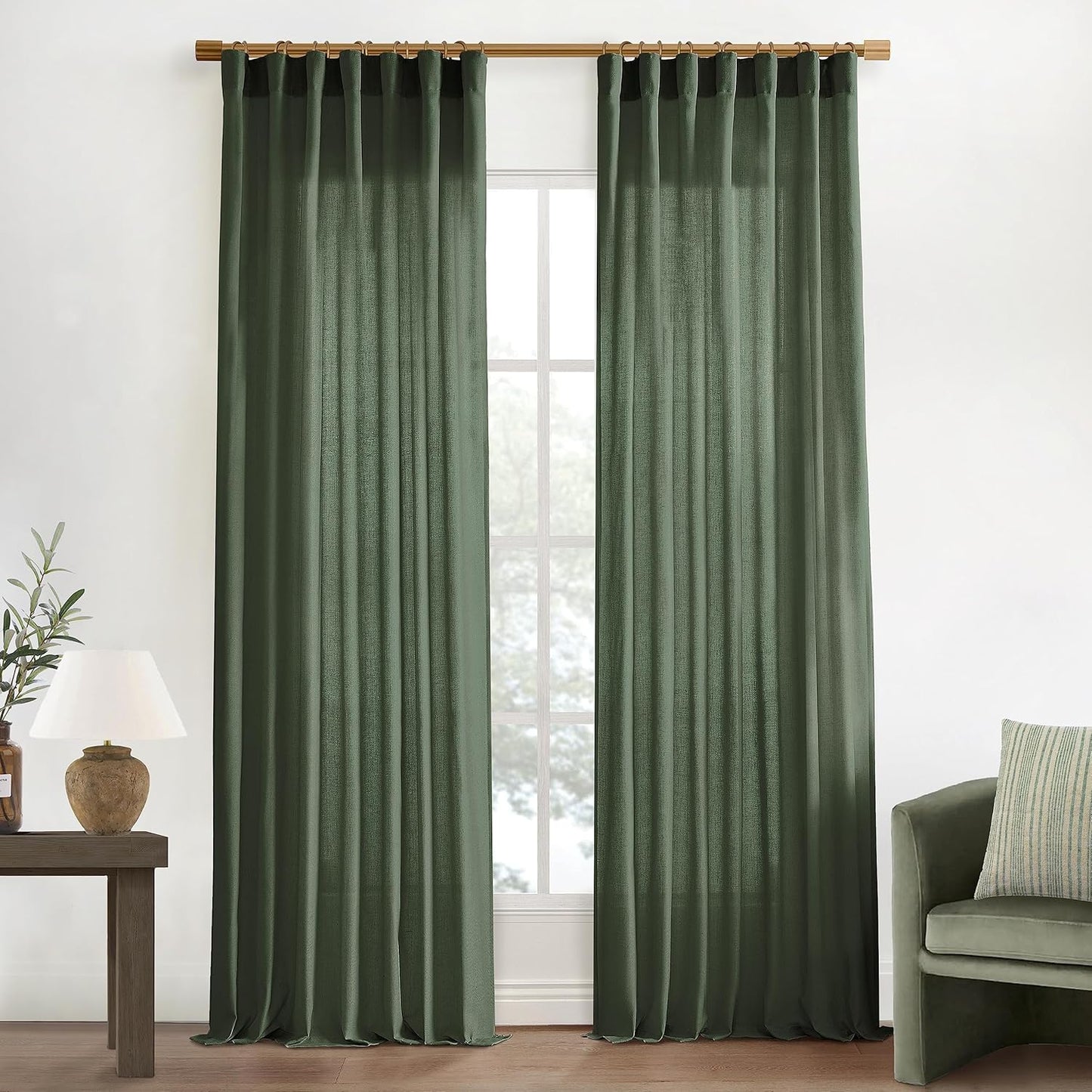 XTMYI Olive Green Linen Curtains 90 Inches Long for Living Room