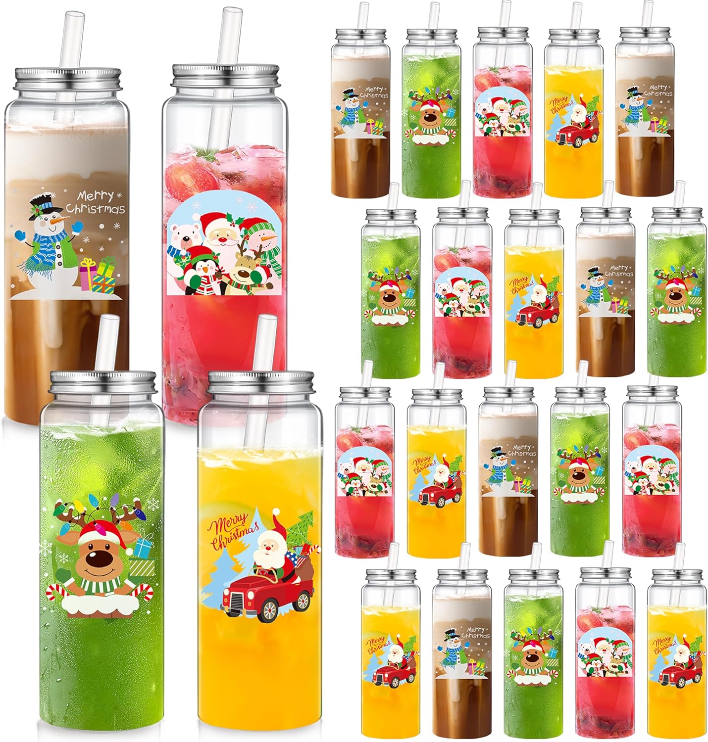 24 Pcs Large Christmas Reusable Cups with Lids and Straws