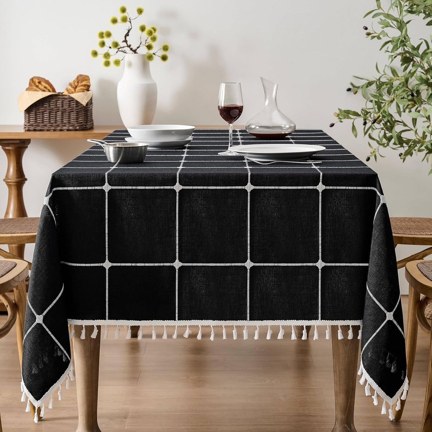 ZeeMart Boho Grid Table Cloth with Tassels for Elegant Dining