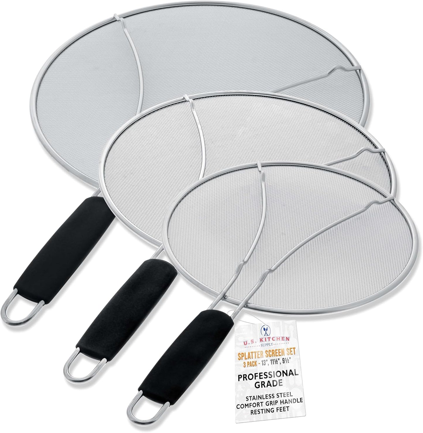 U.S. Kitchen Supply 3-Piece Splatter Screen Set - Grease Guard for Safe Cooking