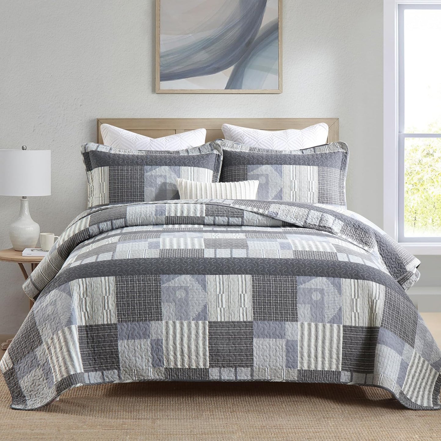 Grey Comforter Set by Homzard - Lightweight Cotton Quilt for Queen