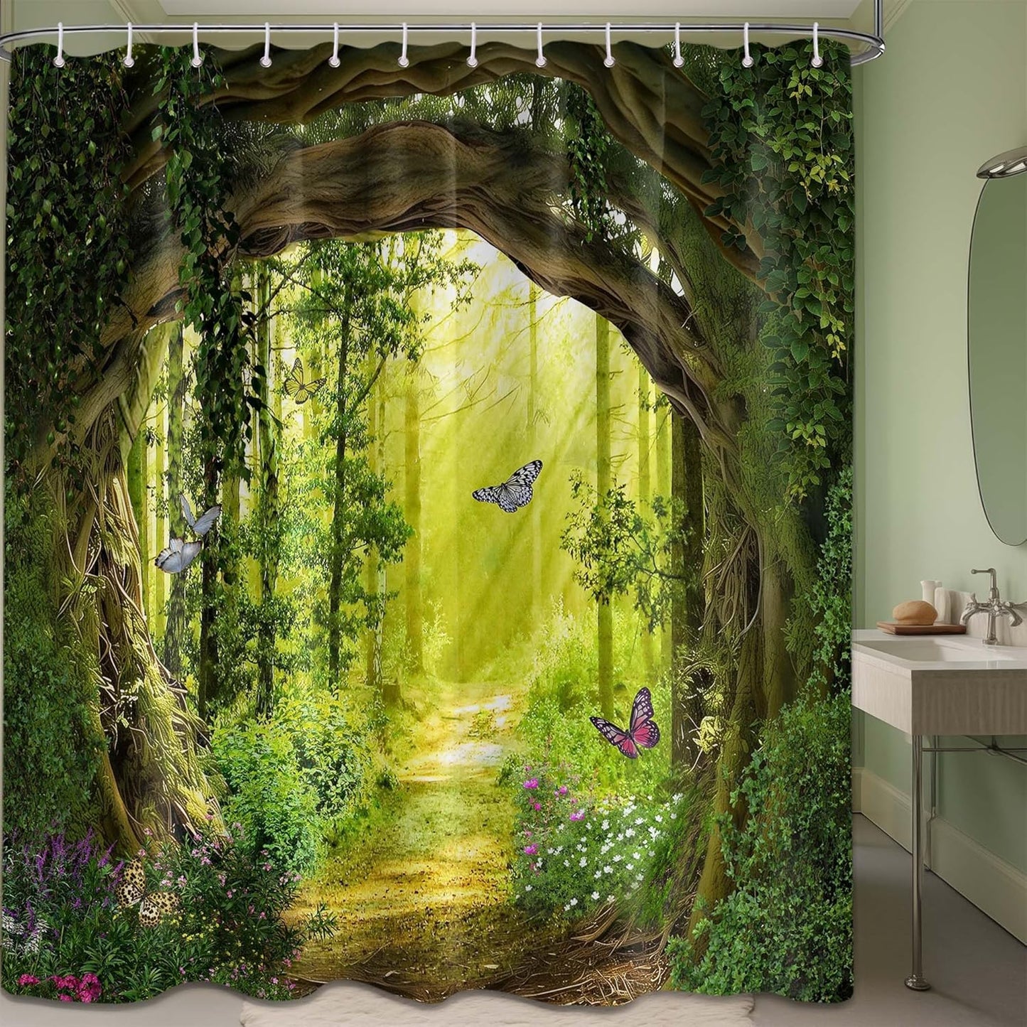 Enchanted Forest Green Tree Shower Curtains - Waterproof & Scenic!
