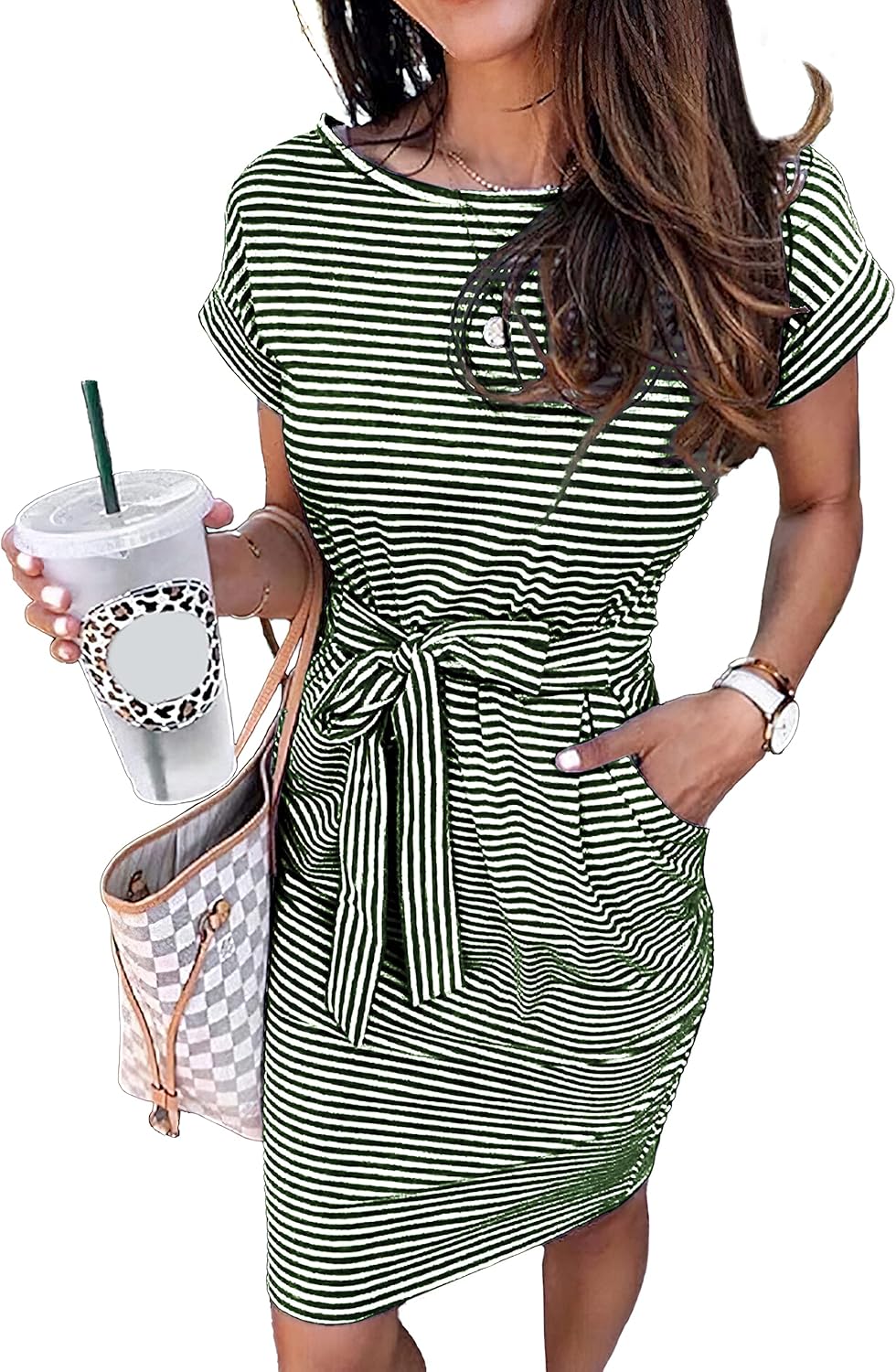 PRETTYGARDEN Women's Summer Short Sleeve Striped Dress with Pockets