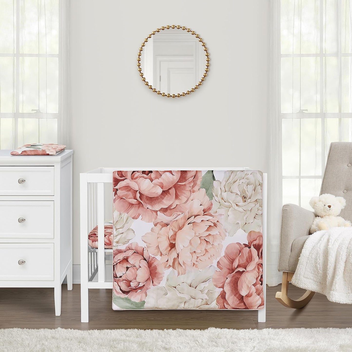 Blush Pink Boho Shabby Chic Floral Baby Mini Crib Bedding Set