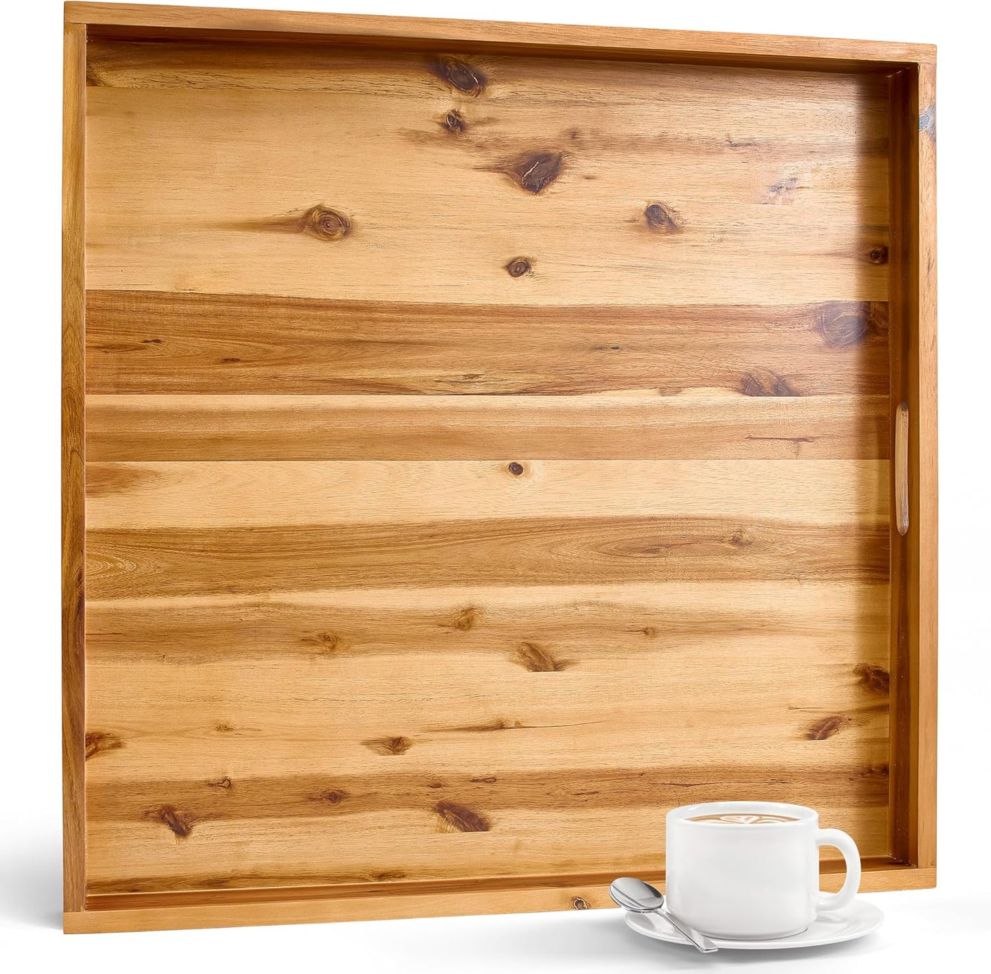 24 Inch Acacia Wood Ottoman Tray for Serving and Decor