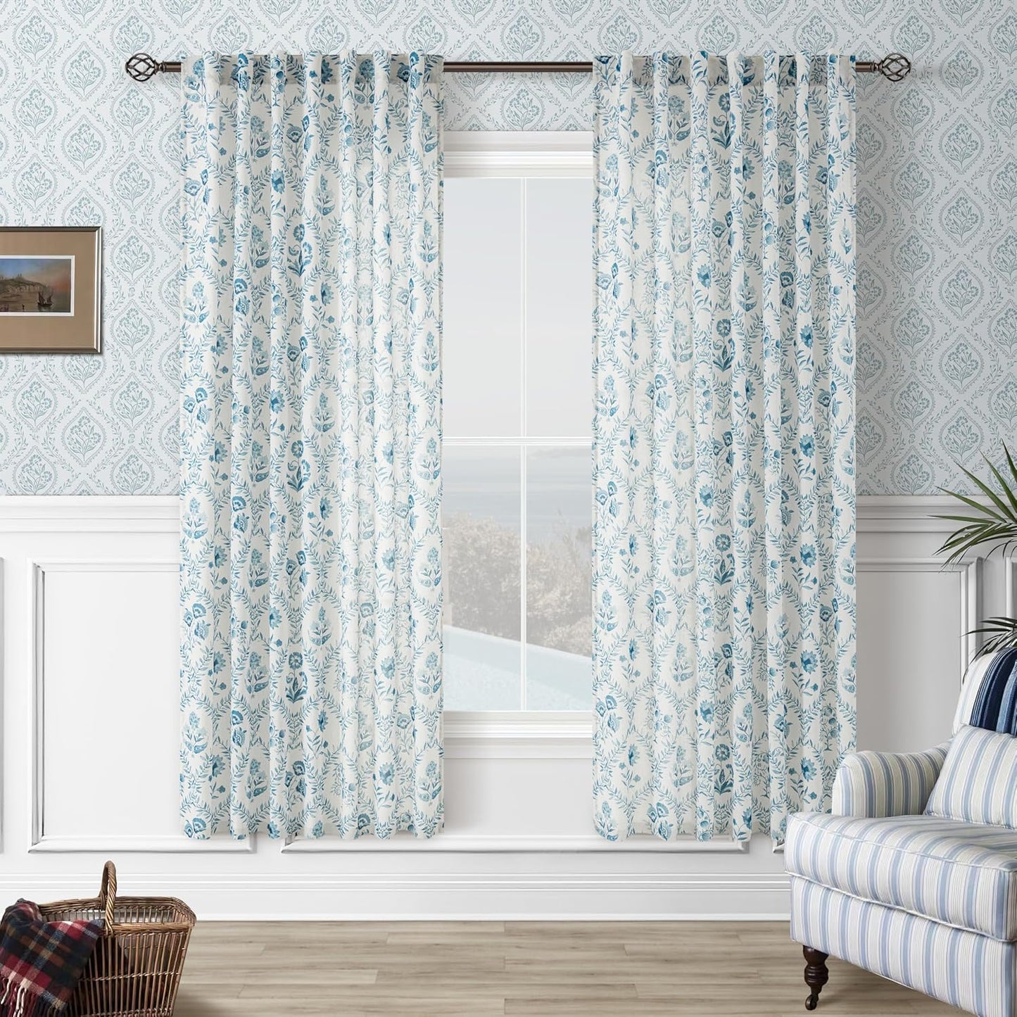 Blue Floral Linen Curtains 72 Inch Length for Modern Decor