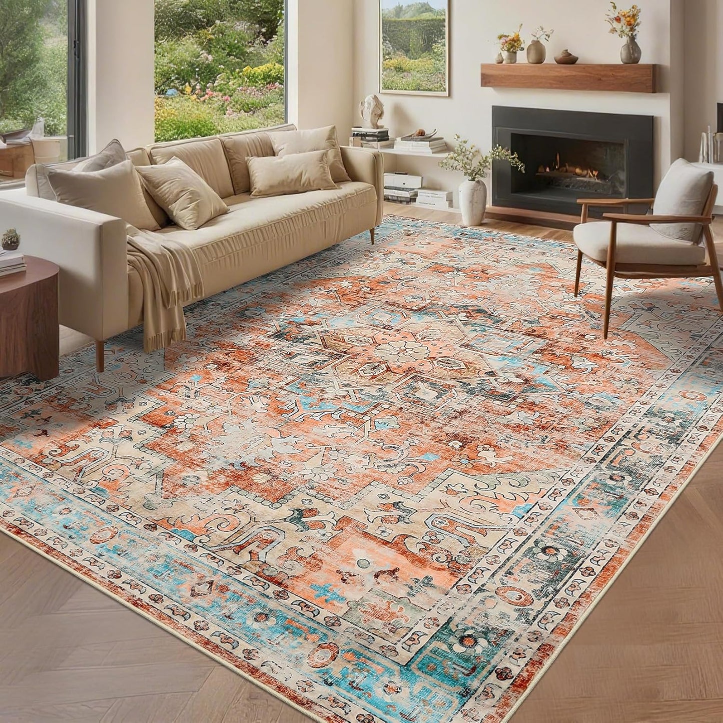 Vintage Machine Washable Area Rug for Living Room and Bedroom