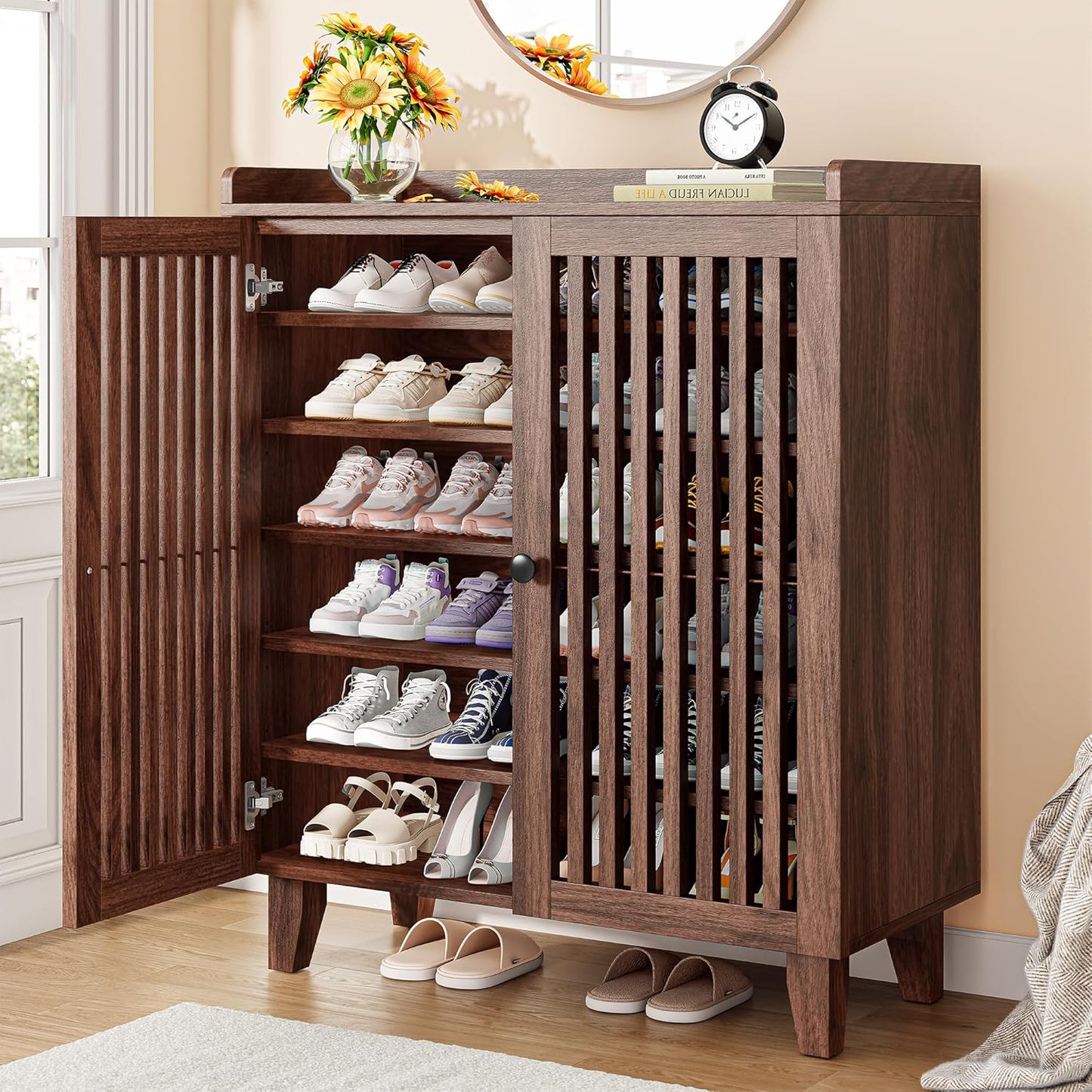 Stylish 6-Tier Shoe Cabinet with Slatted Doors for Storage