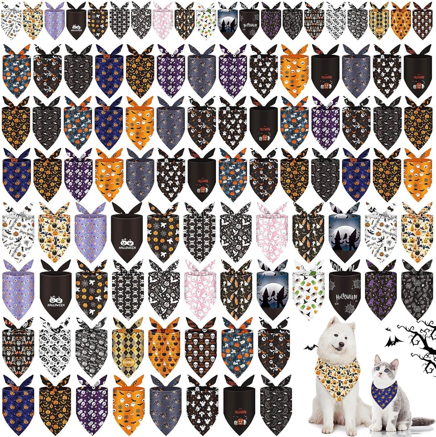 100 Pcs Halloween Dog Bandanas for Small Medium Large Pets