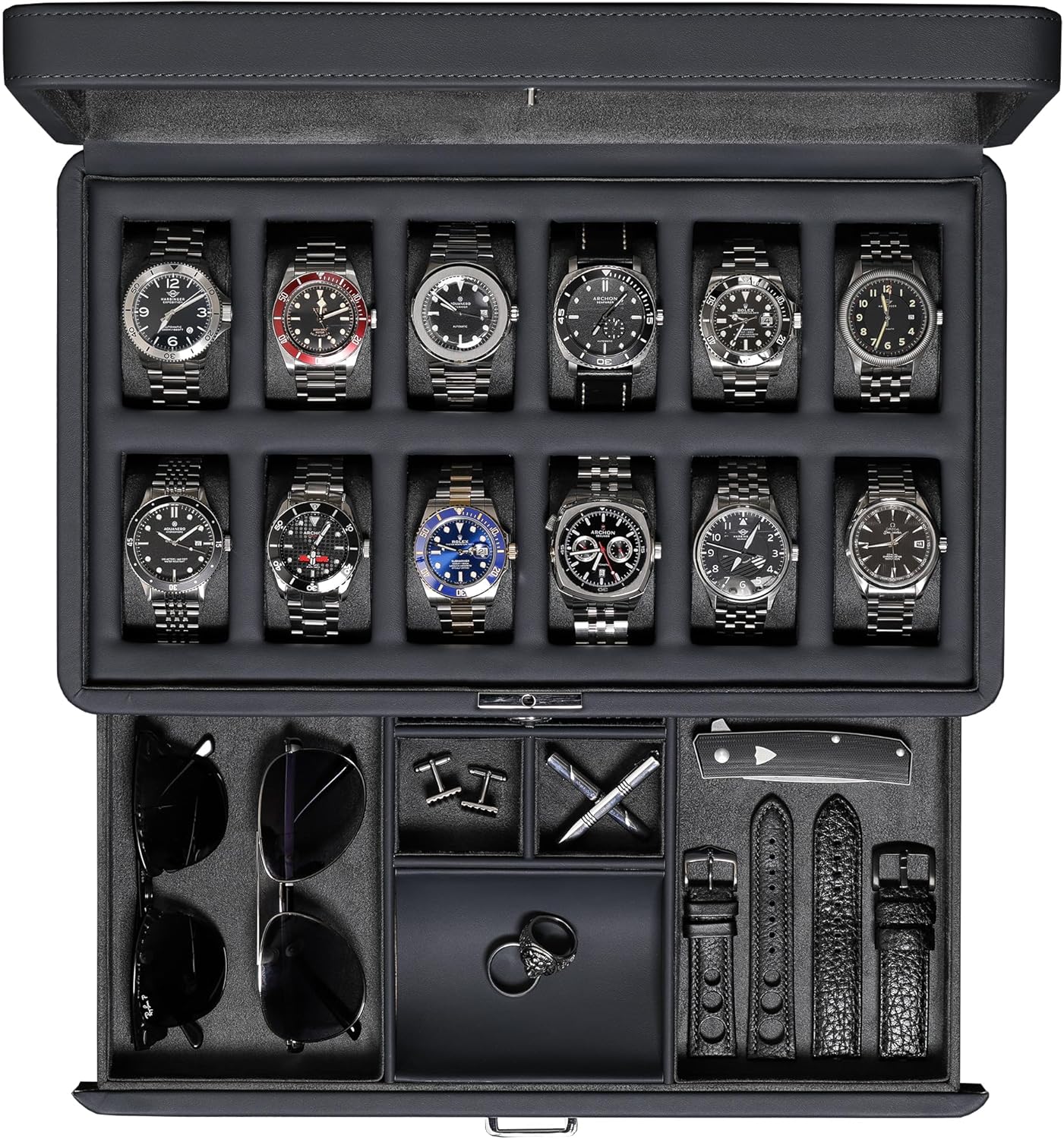 ROTHWELL Luxury 12-Watch Box with Slide-Out Drawer