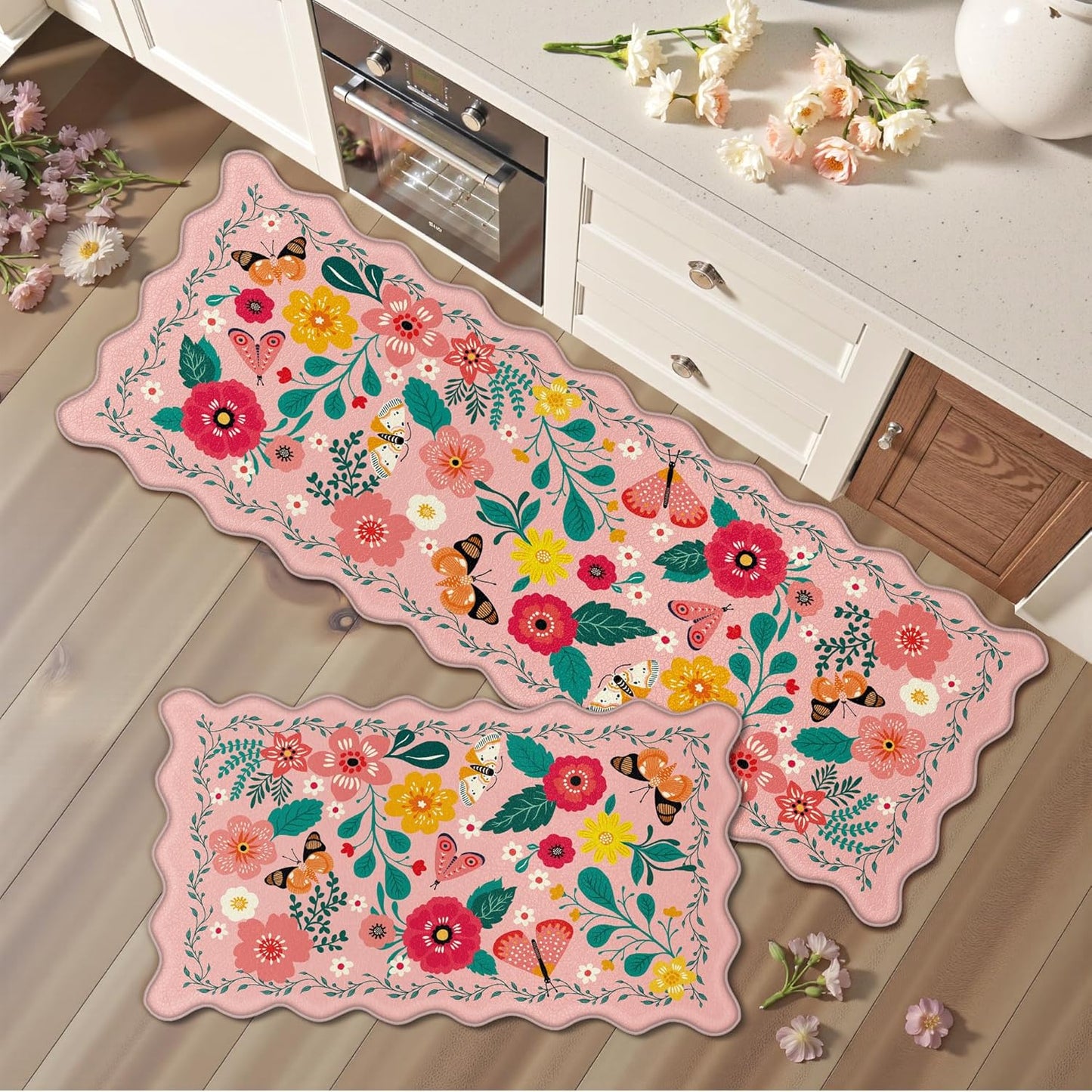Scalloped Pink Kitchen Mats for Floor - Cushioned Anti Fatigue