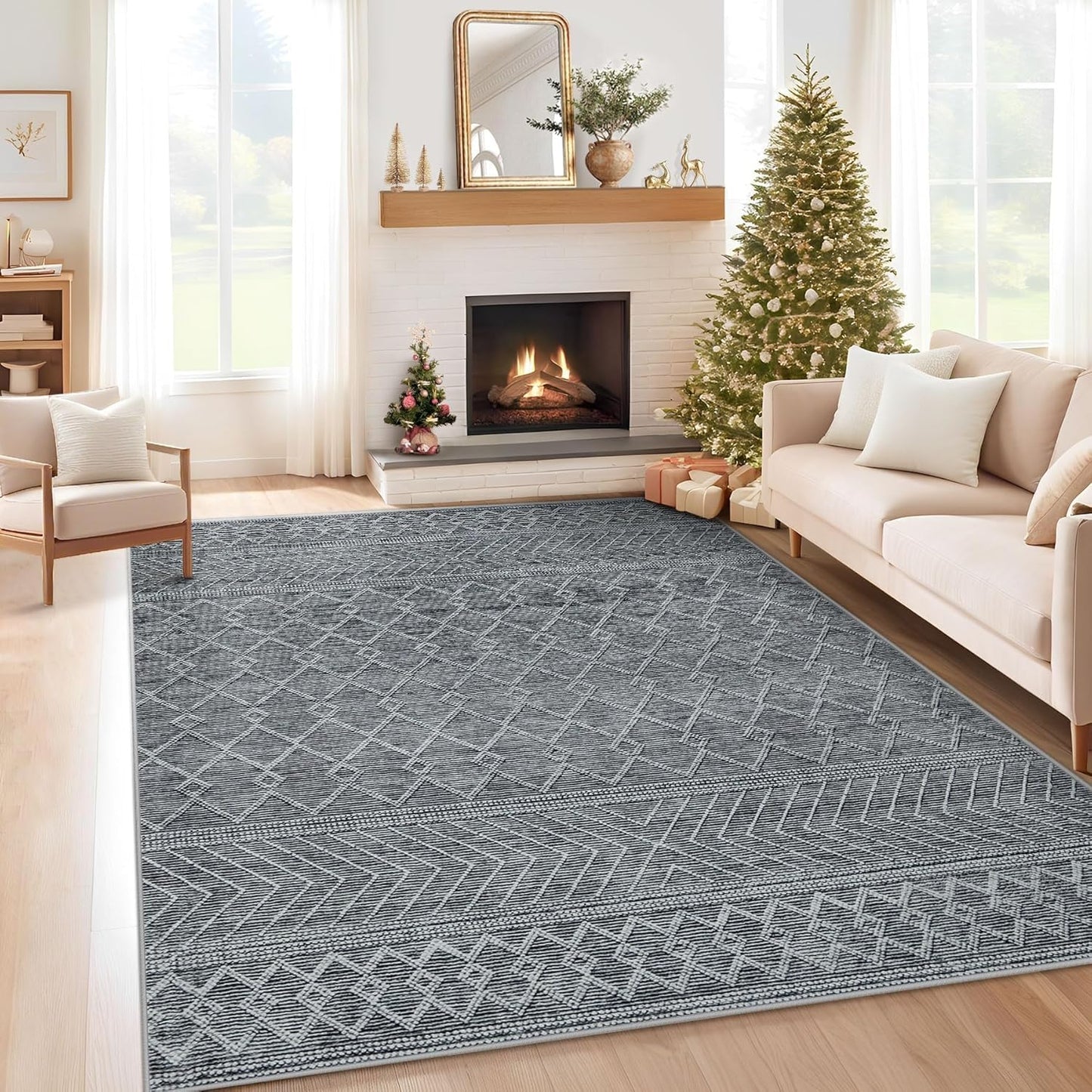 5x7 Area Rug Living Room: Washable Boho Geometric Design