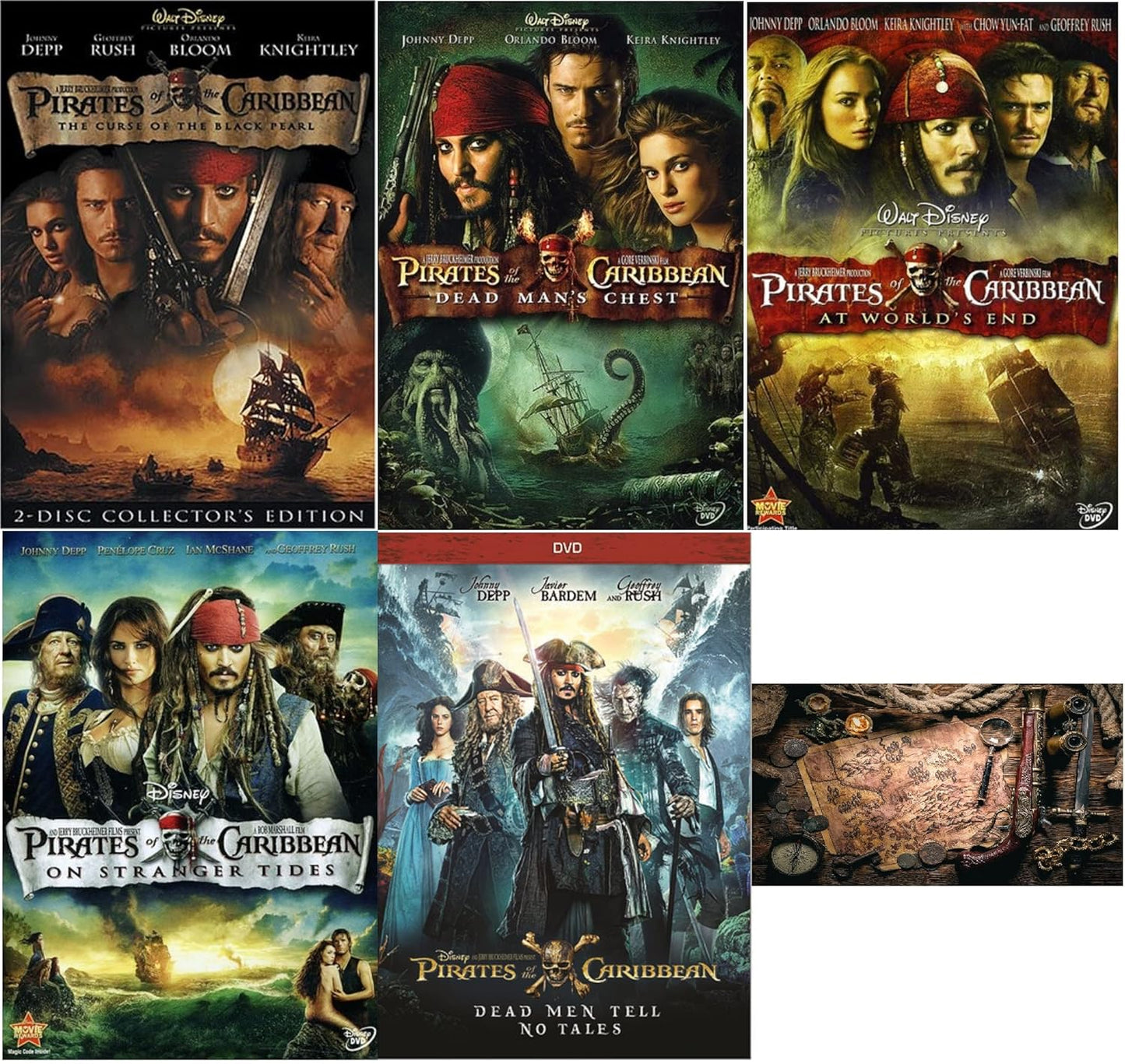 Pirates of The Caribbean 5 DVD Collection with Treasure Map Art