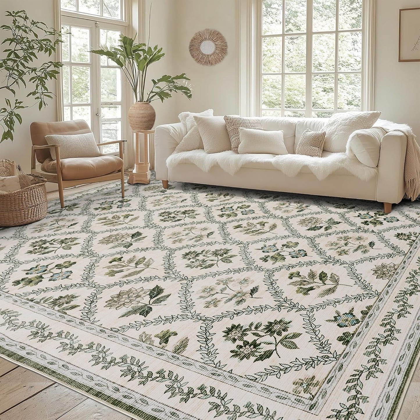 Olive Green Area Rug for Living Room 5x7 Boho Floral Decor
