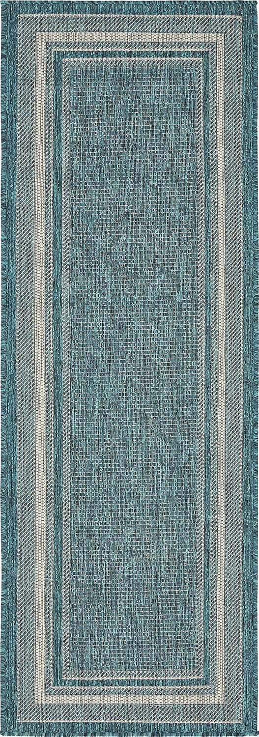 Unique Loom Outdoor Border Collection Area Rug - Teal/Ivory Runner