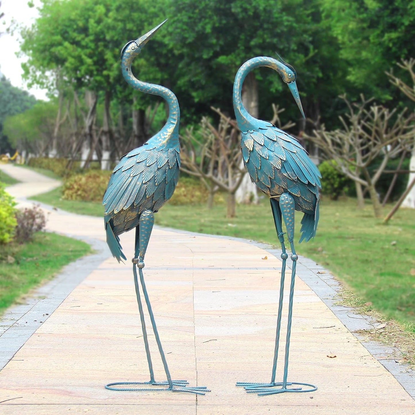 Lifelike 35-40 Inch Standing Garden Crane Statues for Outdoors