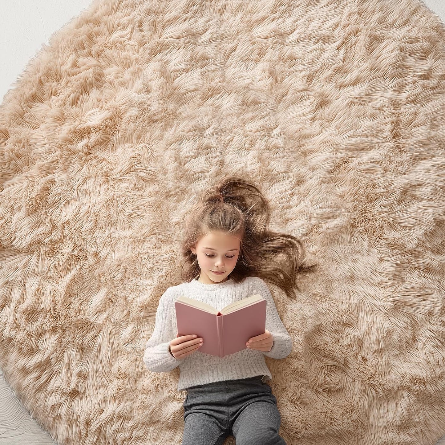 OLANLY Beige Round Rugs for Bedroom - Soft and Fluffy Carpet