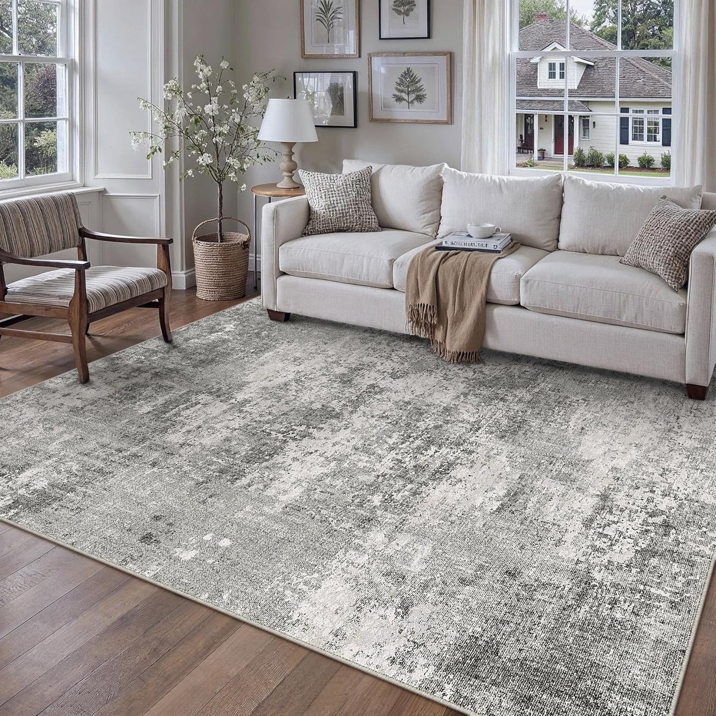 5x7 Grey Area Rug Washable Non Slip Modern Abstract Carpet