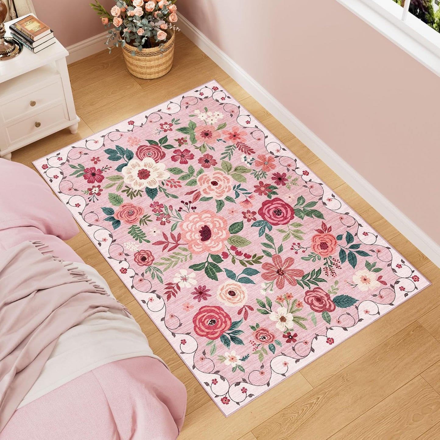 DUKINO 3x5 Area Rug - Lightweight Non Slip Washable Floral Design