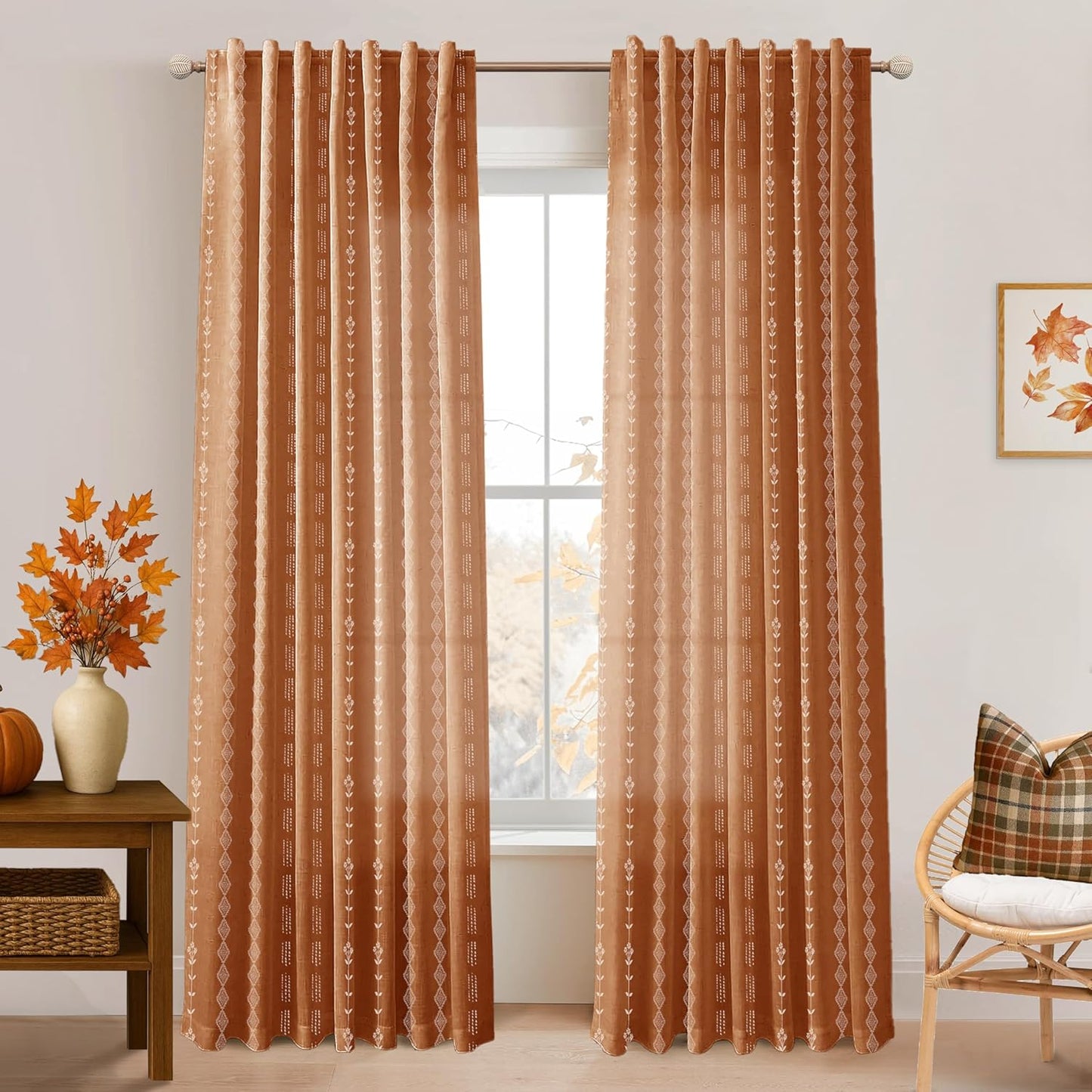 Burnt Orange Sheer Curtains 96 Inch Long 2 Panel Set for Home
